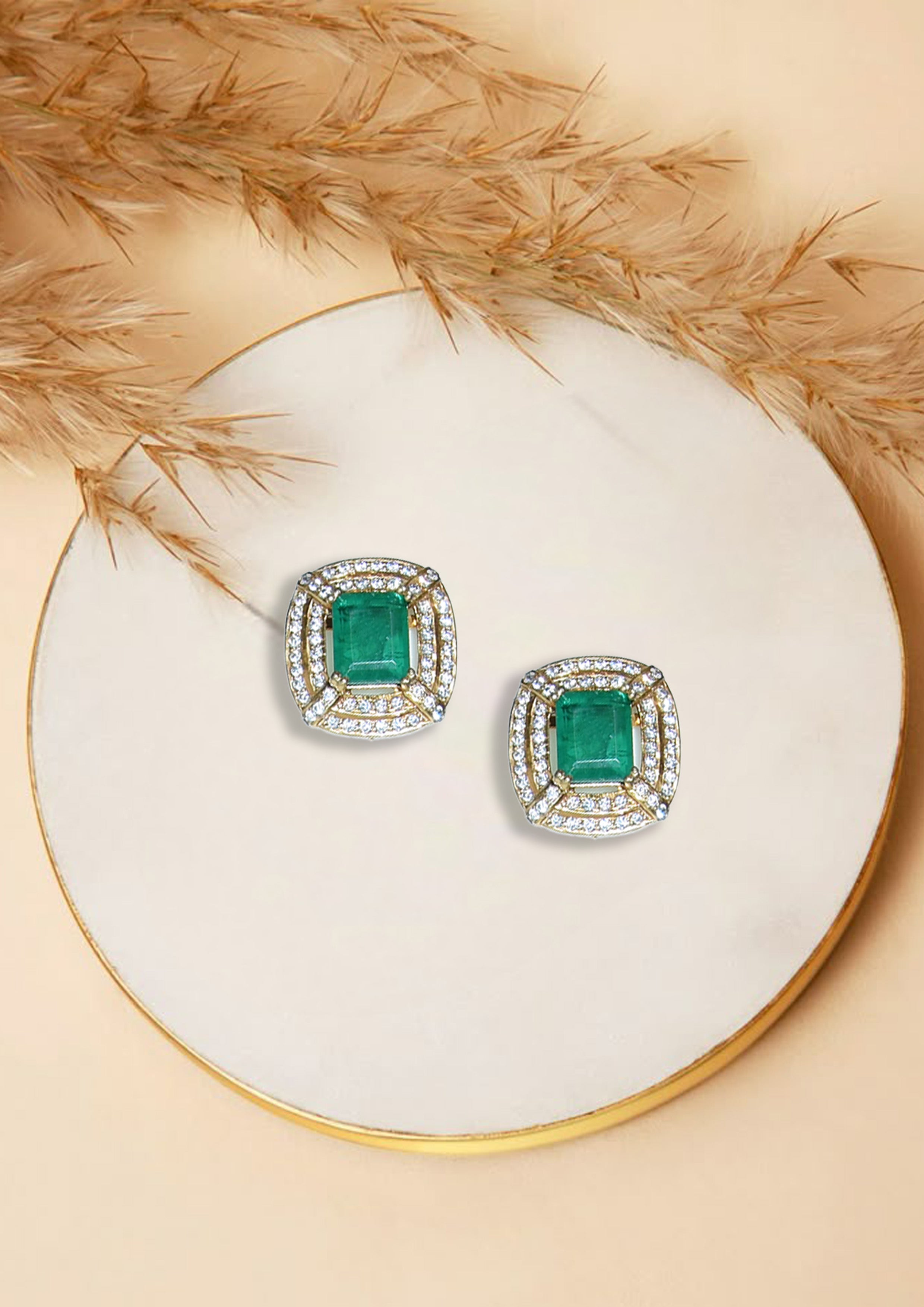Elegant Emerald Green Square Stud Earrings