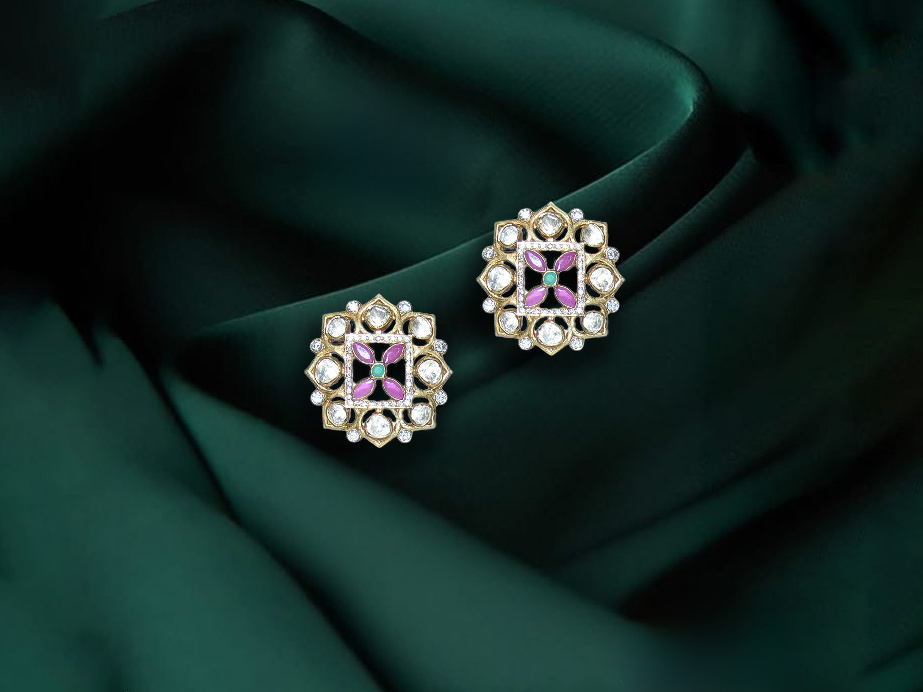 Purple Square Floral Stud Earrings