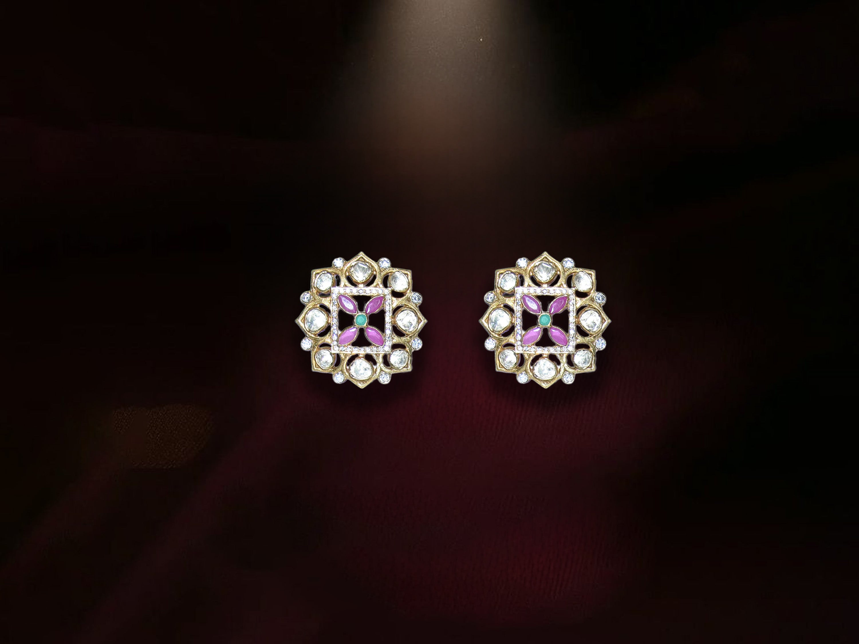 Purple Square Floral Stud Earrings