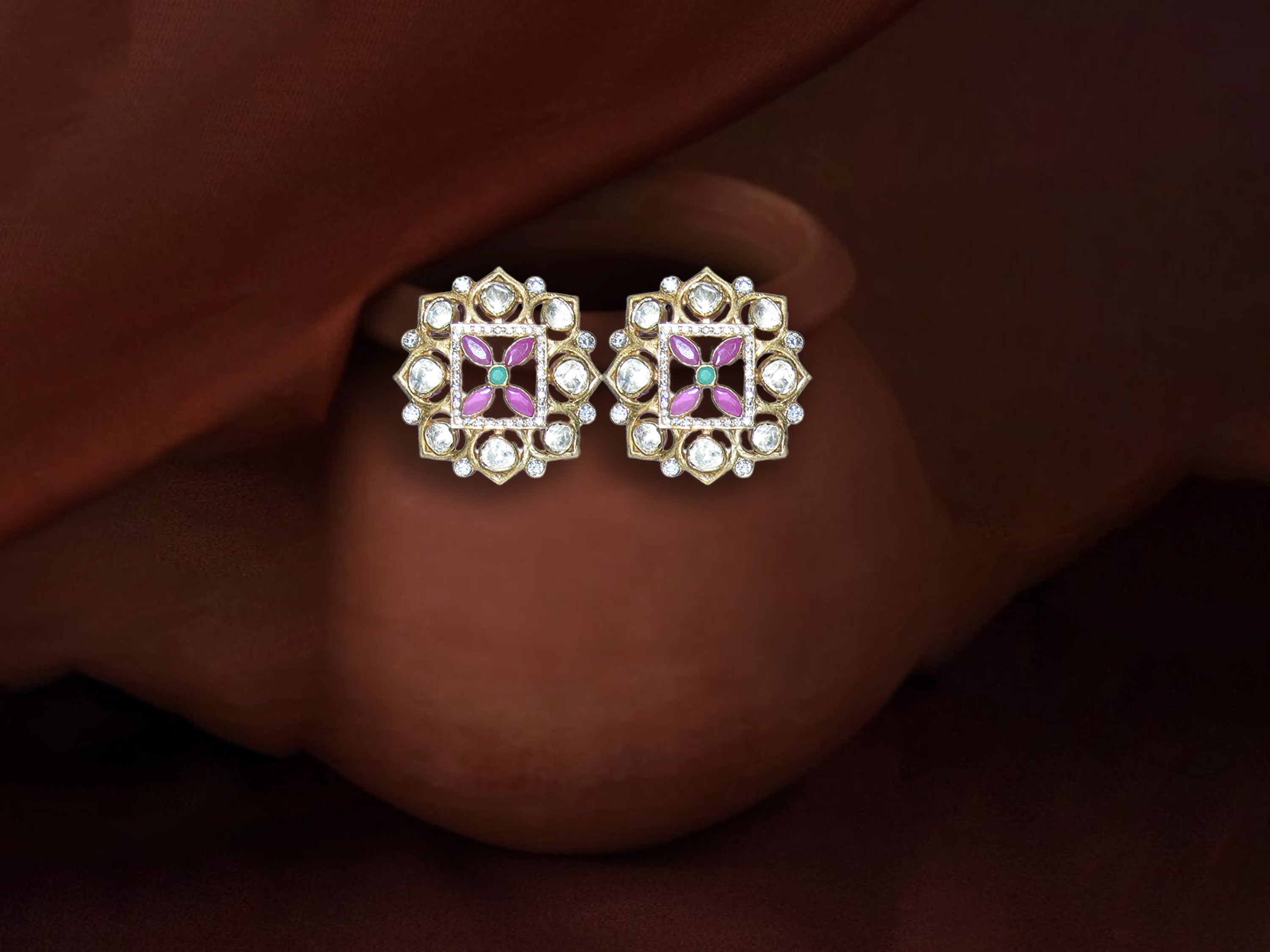 Purple Square Floral Stud Earrings