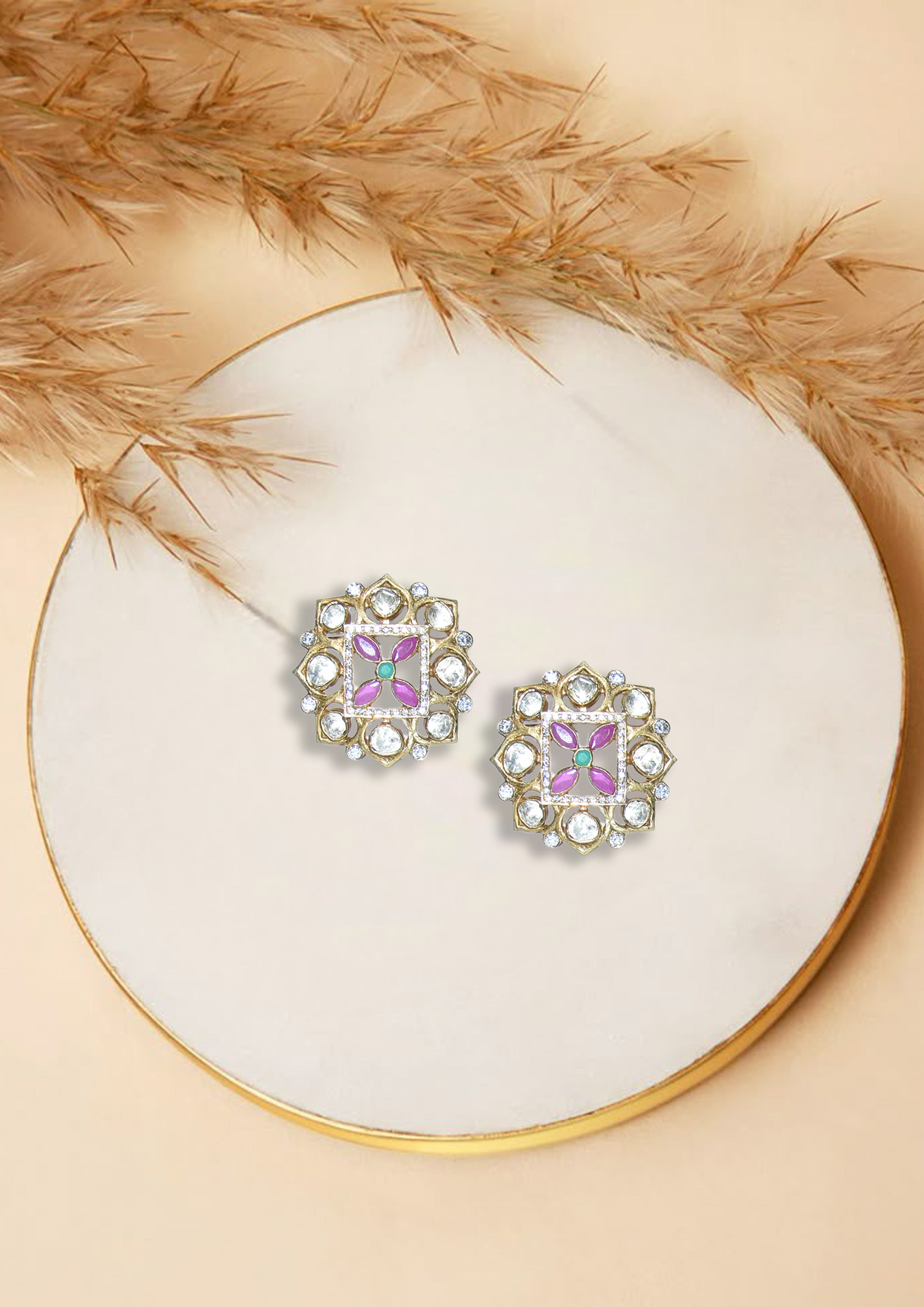 Purple Square Floral Stud Earrings