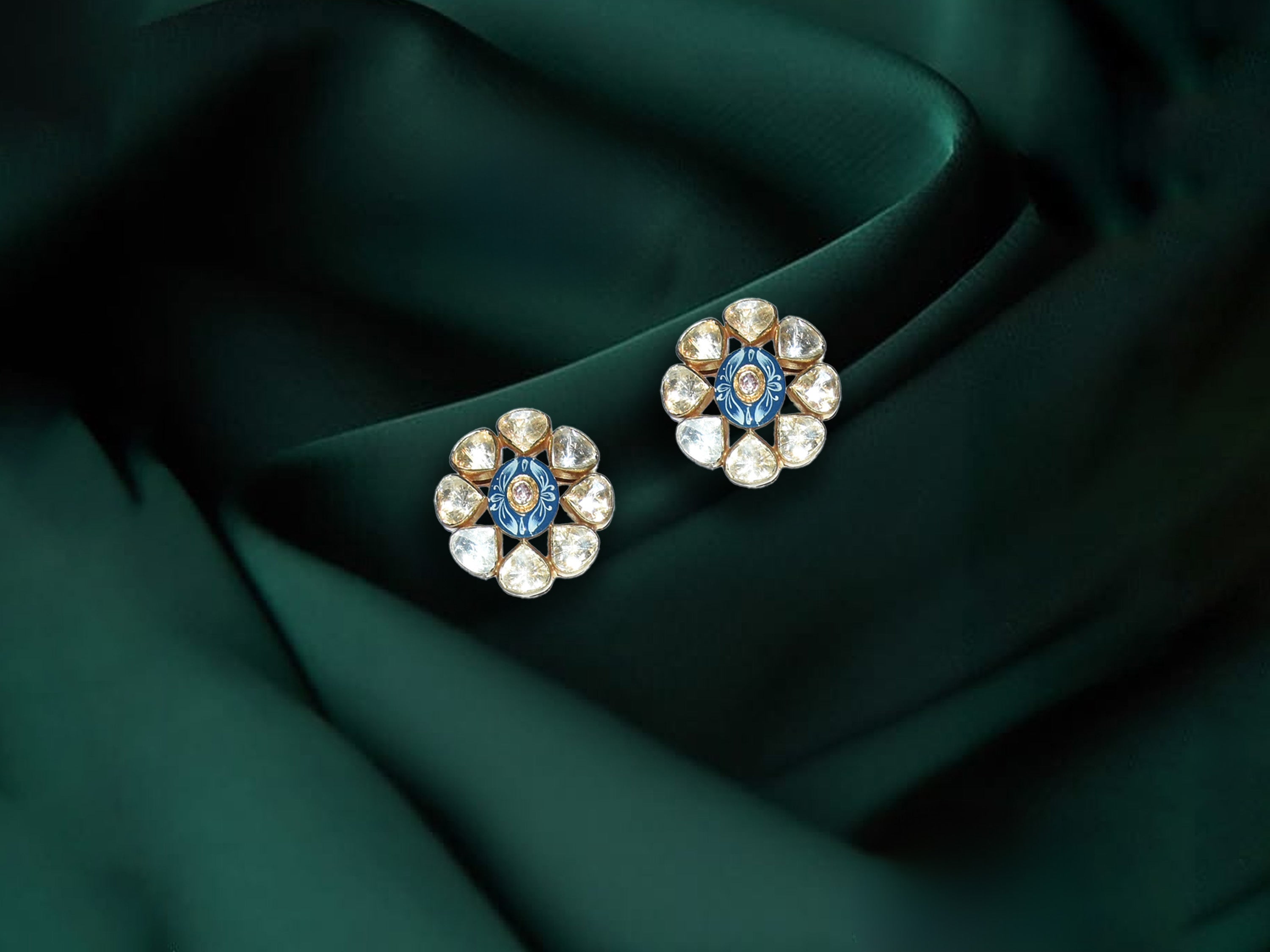 Royal Blue Polki Floral Stud Earrings