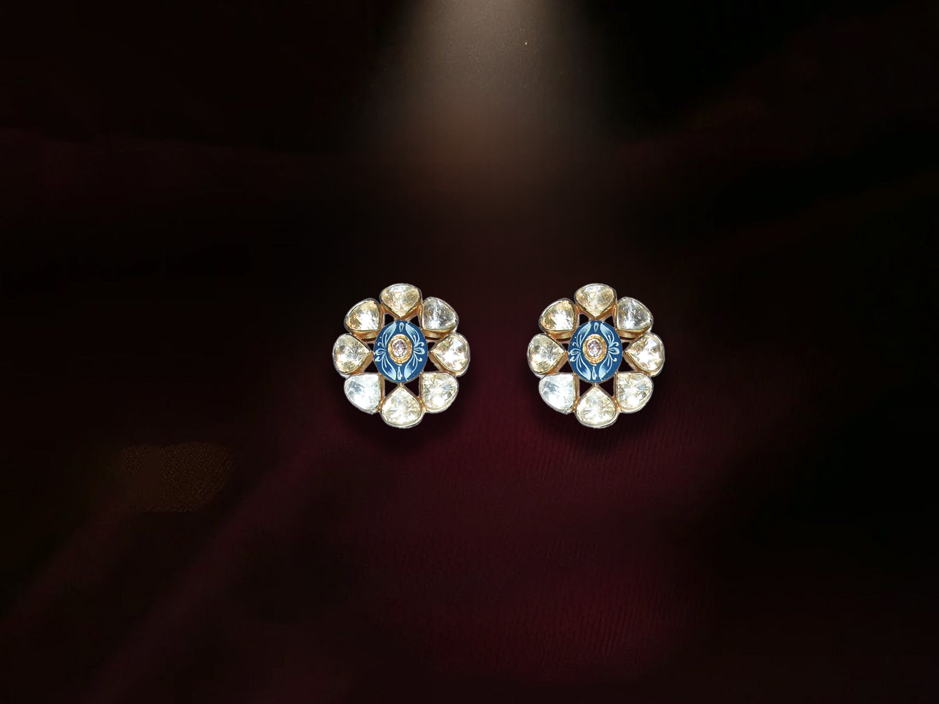 Royal Blue Polki Floral Stud Earrings