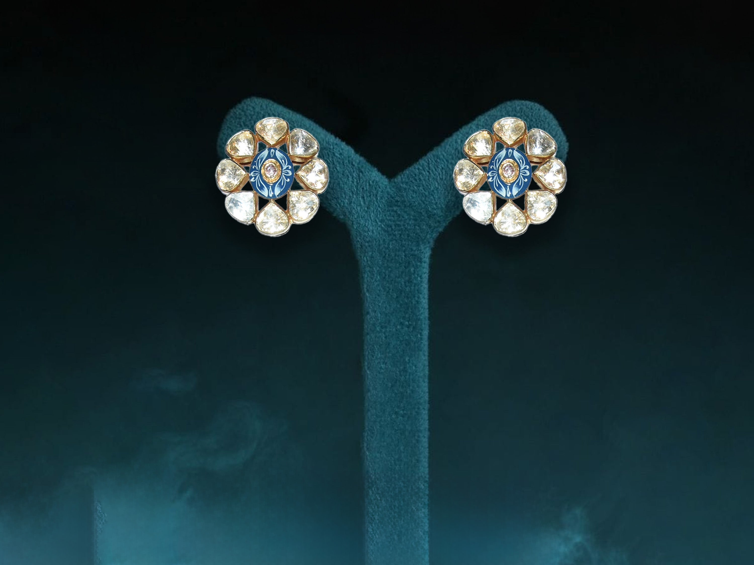 Royal Blue Polki Floral Stud Earrings