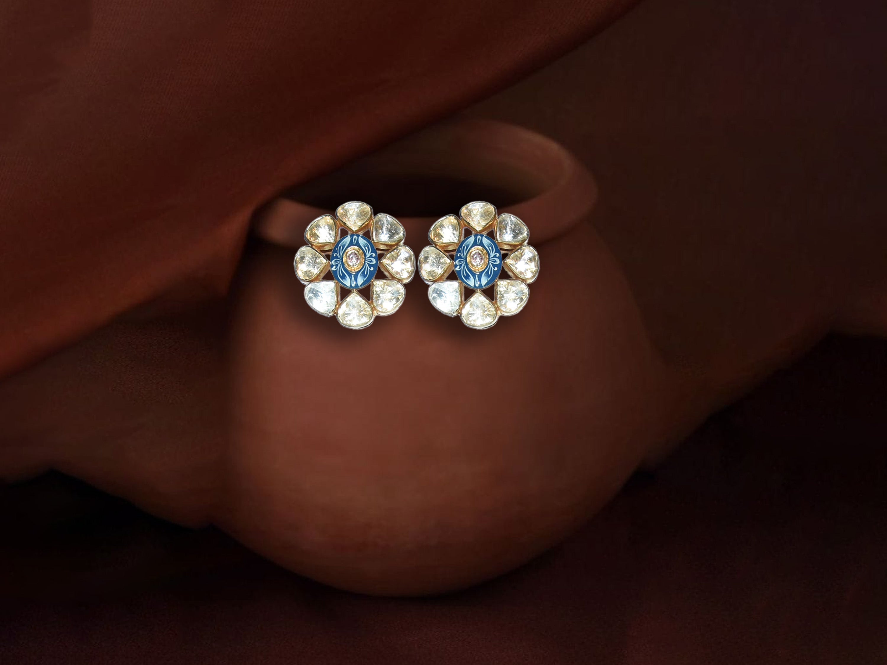 Royal Blue Polki Floral Stud Earrings