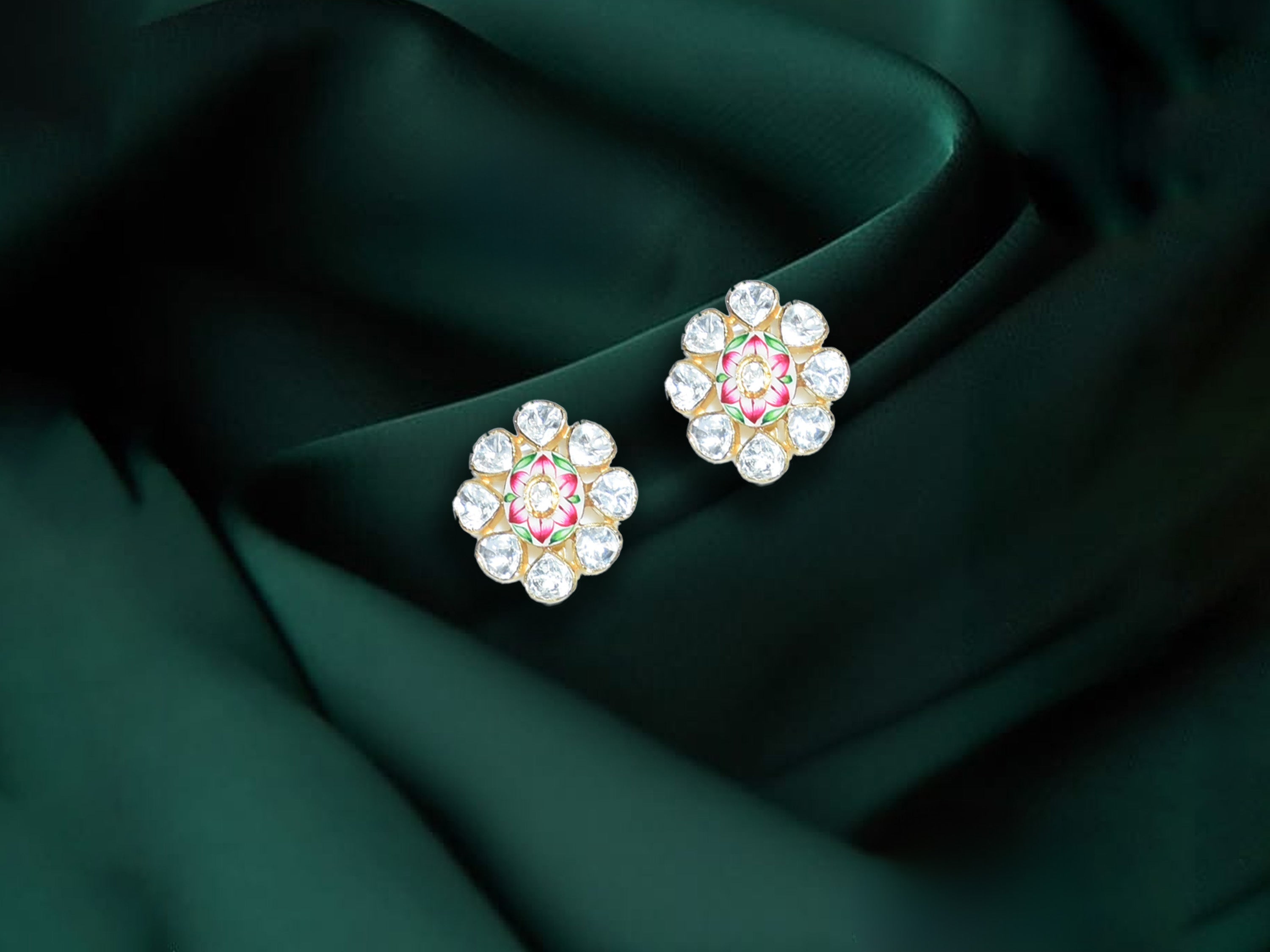 Pink & Green Polki Floral Stud Earrings
