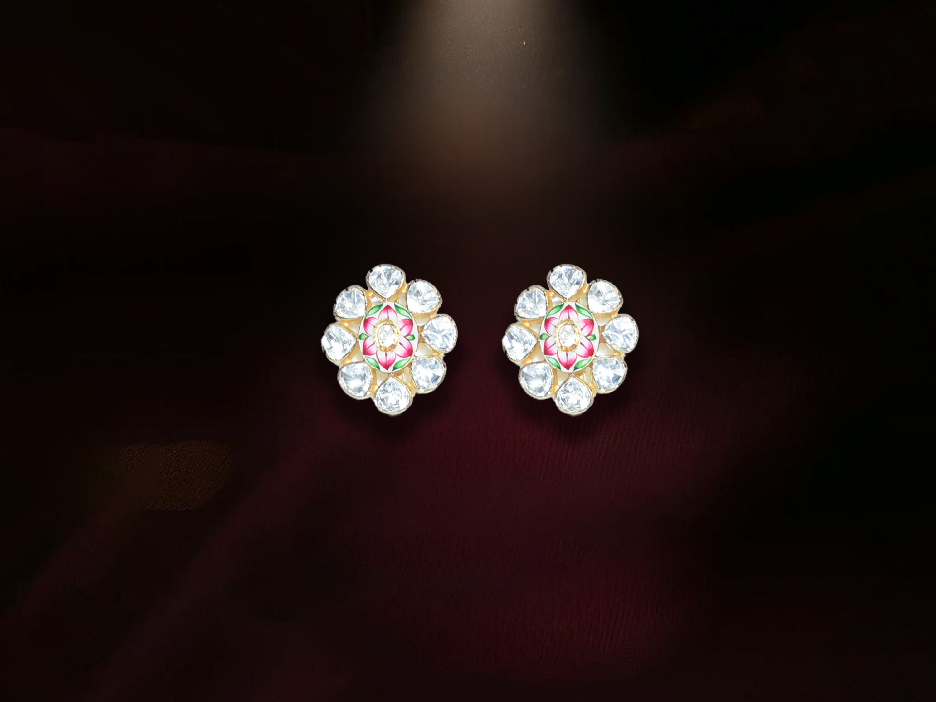 Pink & Green Polki Floral Stud Earrings