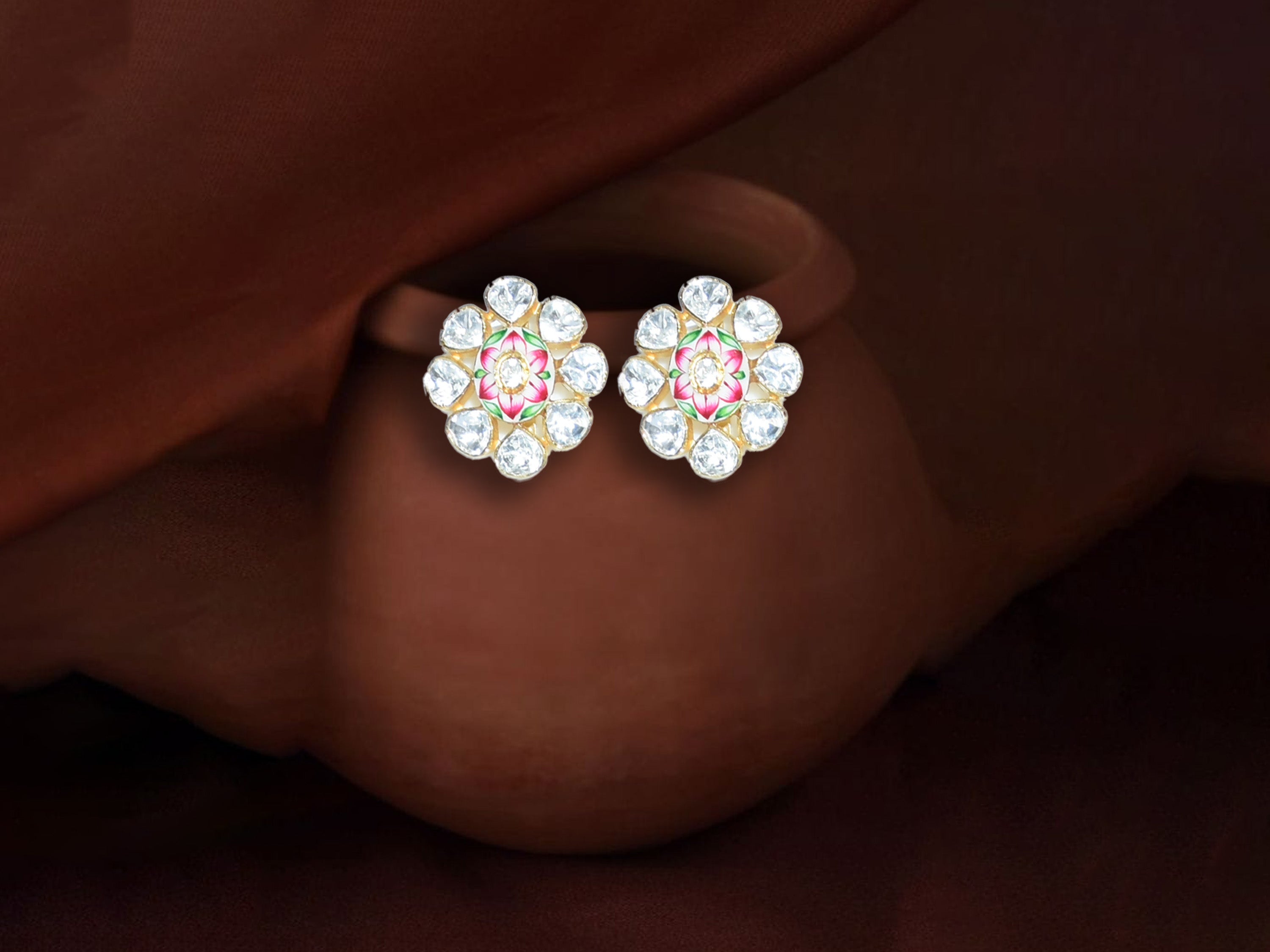 Pink & Green Polki Floral Stud Earrings