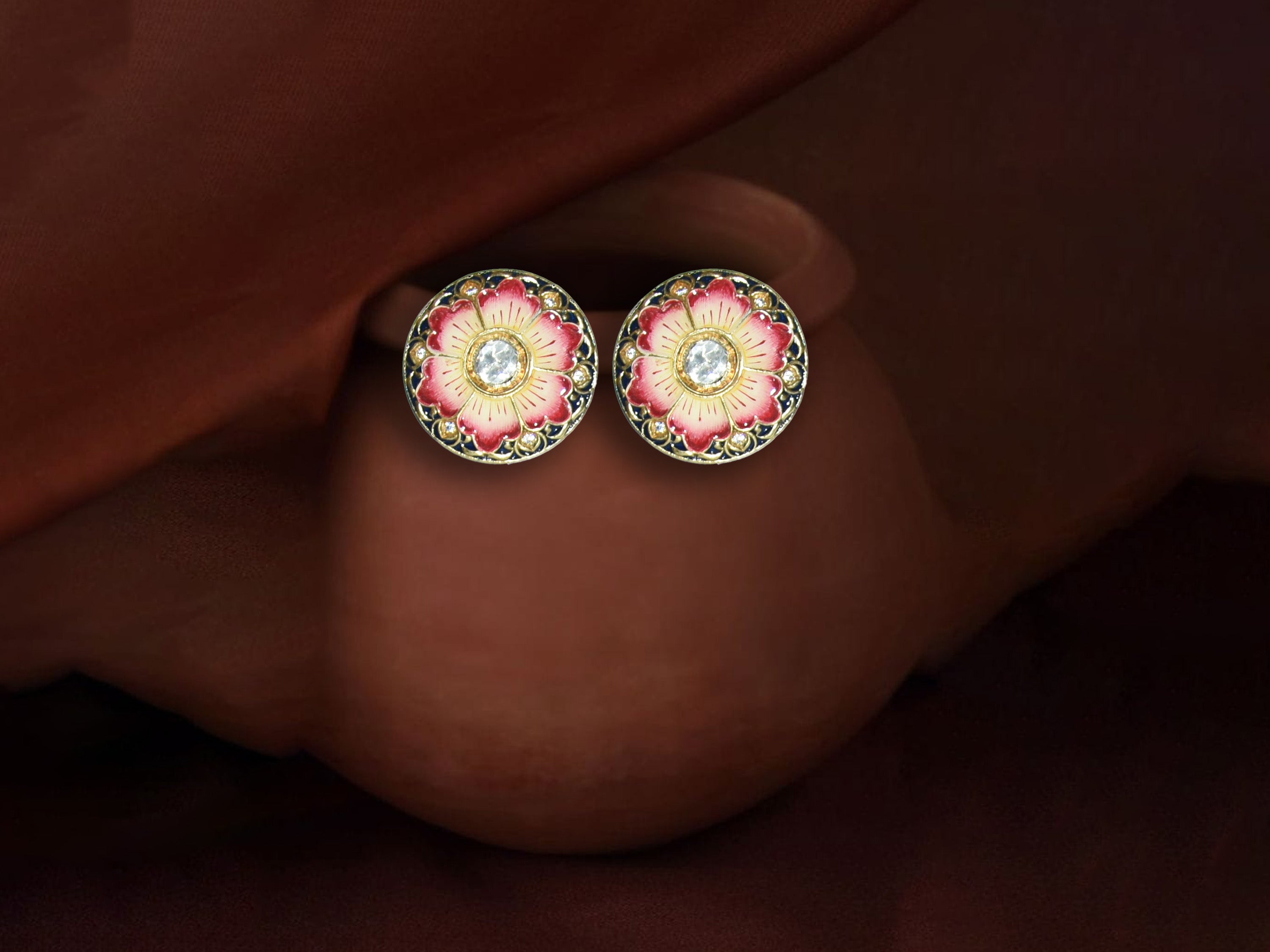 Pink Floral Enamel Stud Earrings