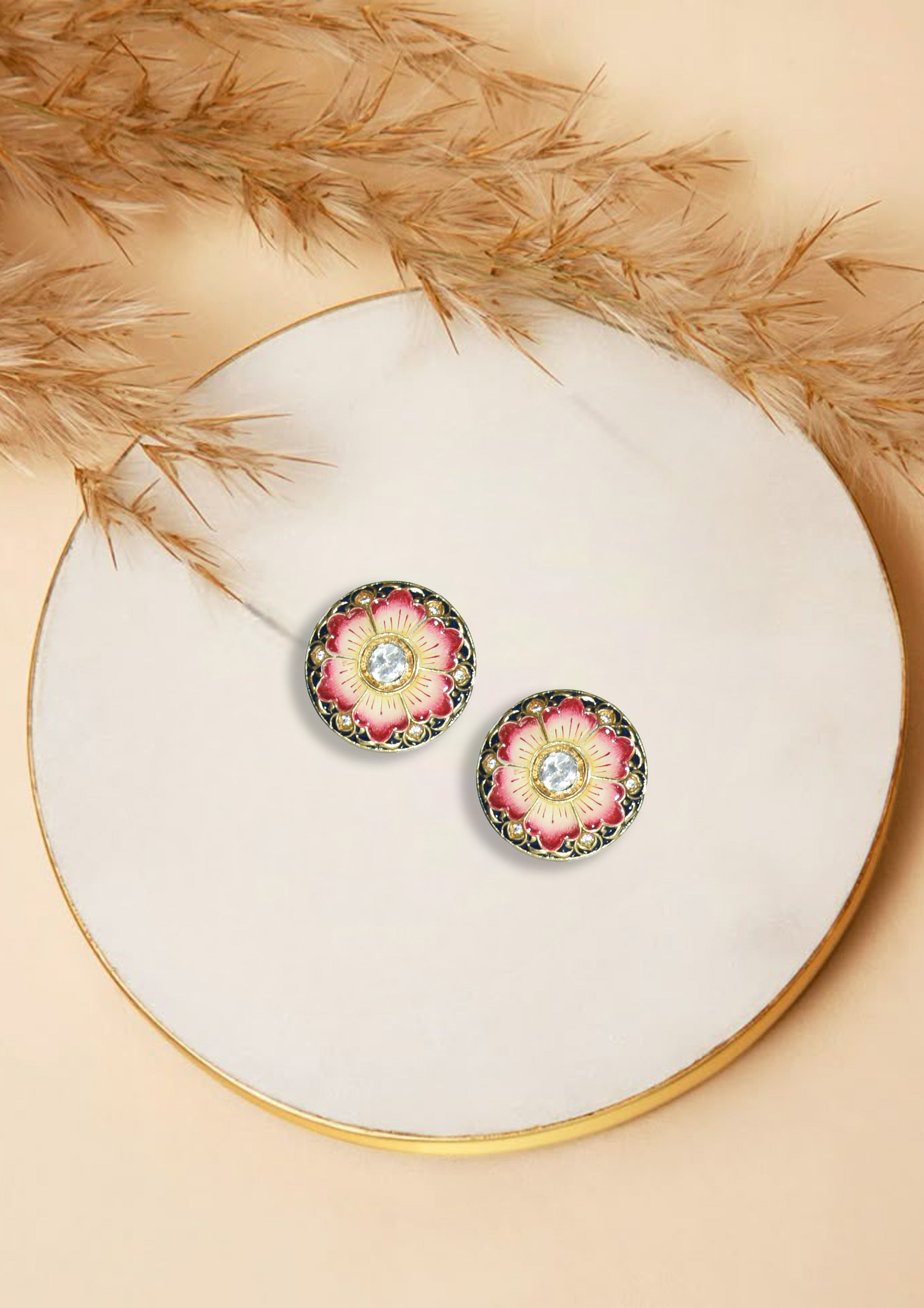 Pink Floral Enamel Stud Earrings