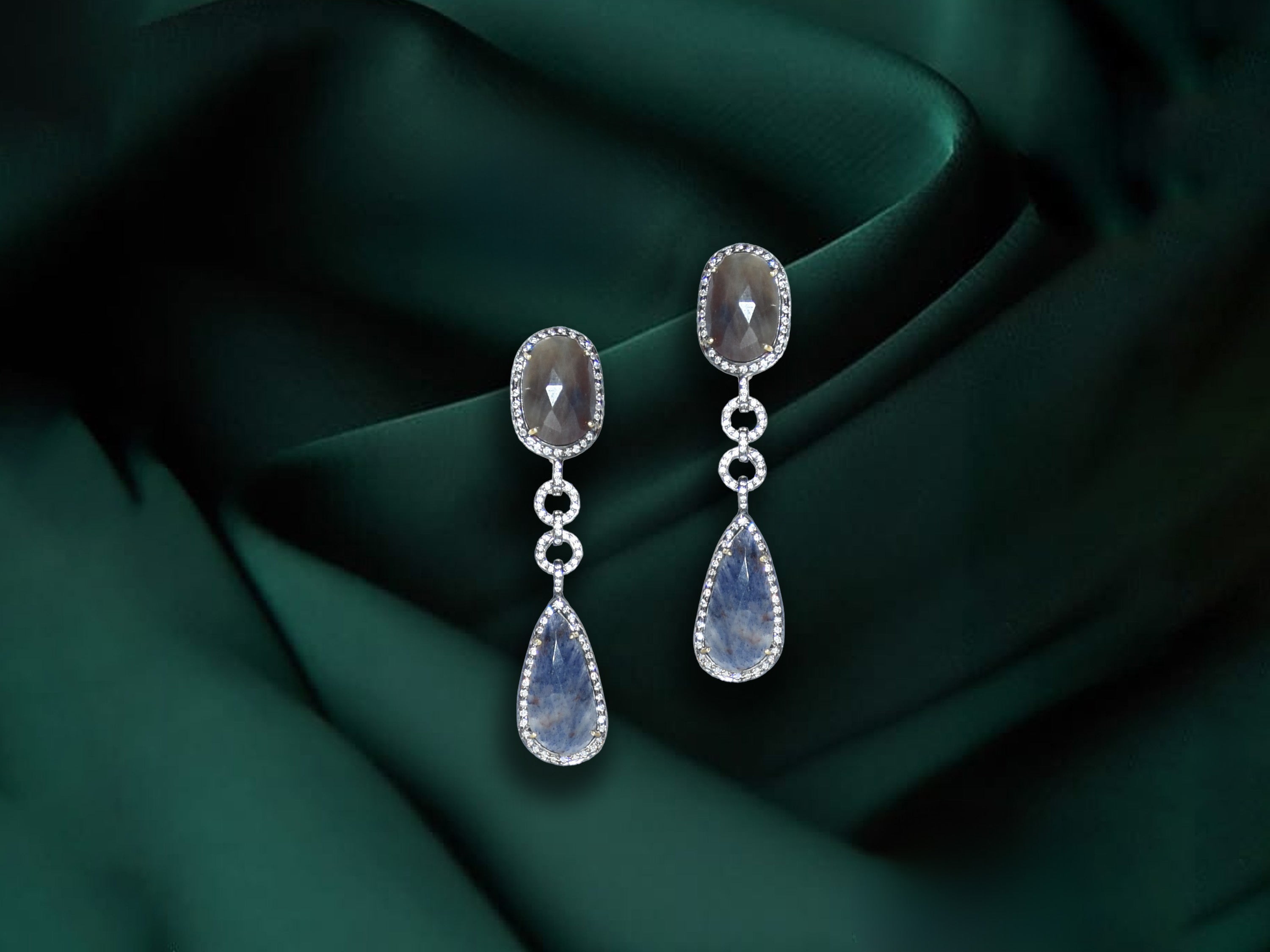 Blue Dual Stone Sapphire Drop Earrings with Crystal Border