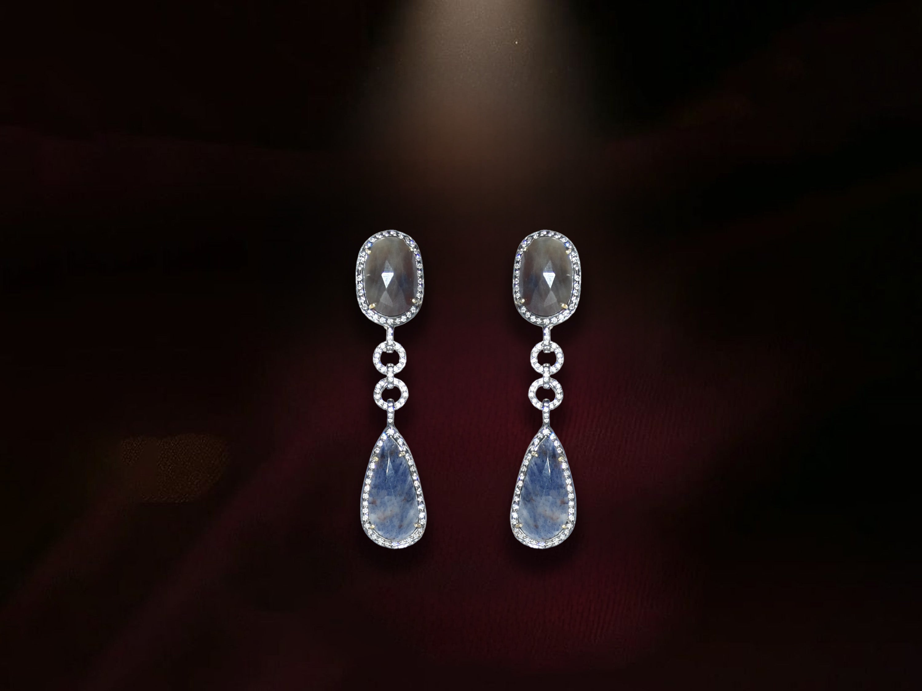 Blue Dual Stone Sapphire Drop Earrings with Crystal Border