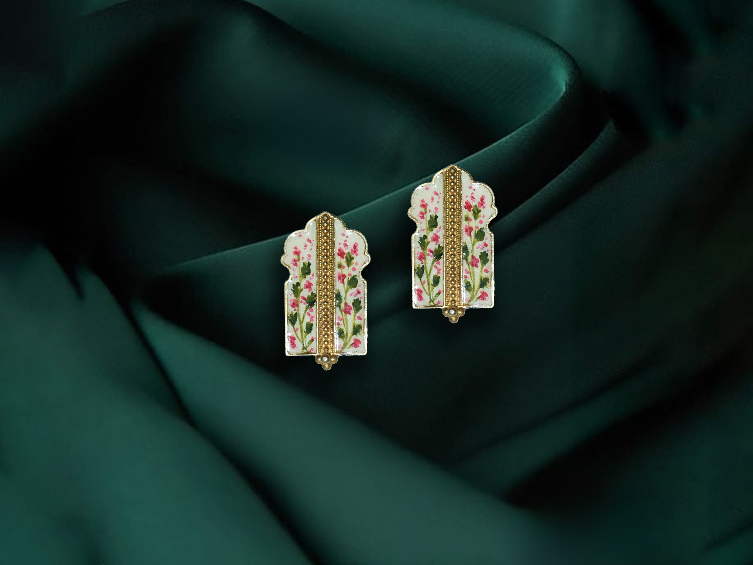 Handcrafted Floral Enamel Earrings – Elegant Pink & Green Design