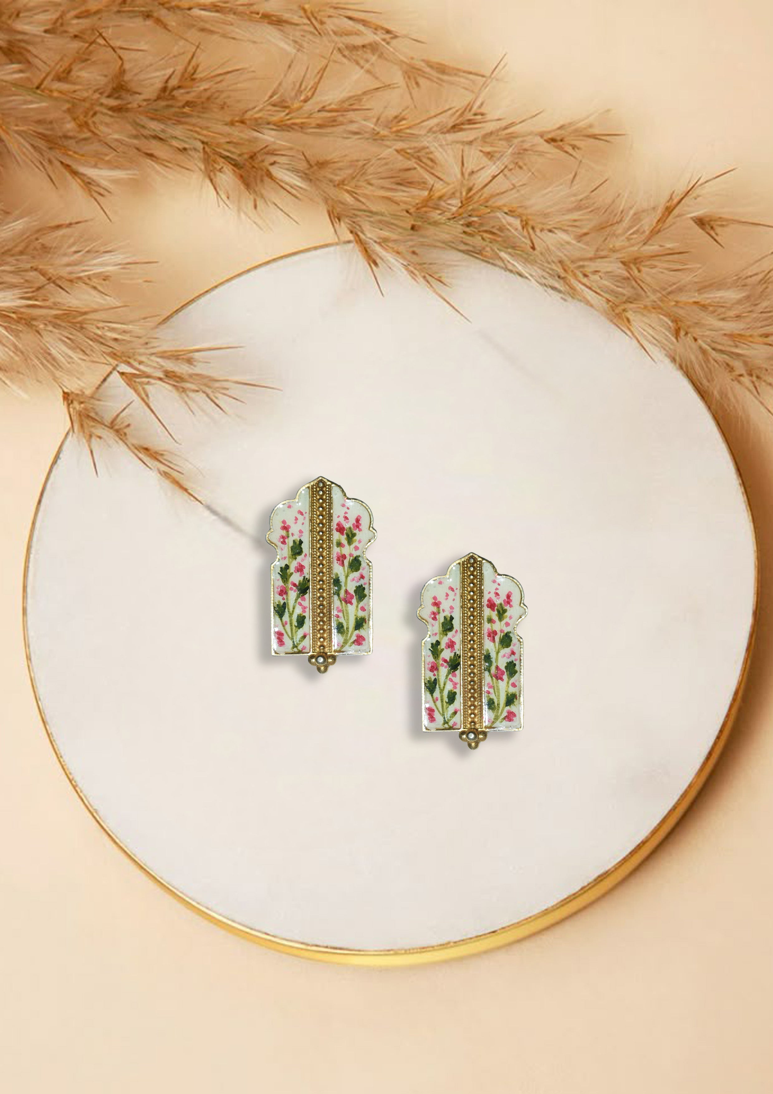 Handcrafted Floral Enamel Earrings – Elegant Pink & Green Design