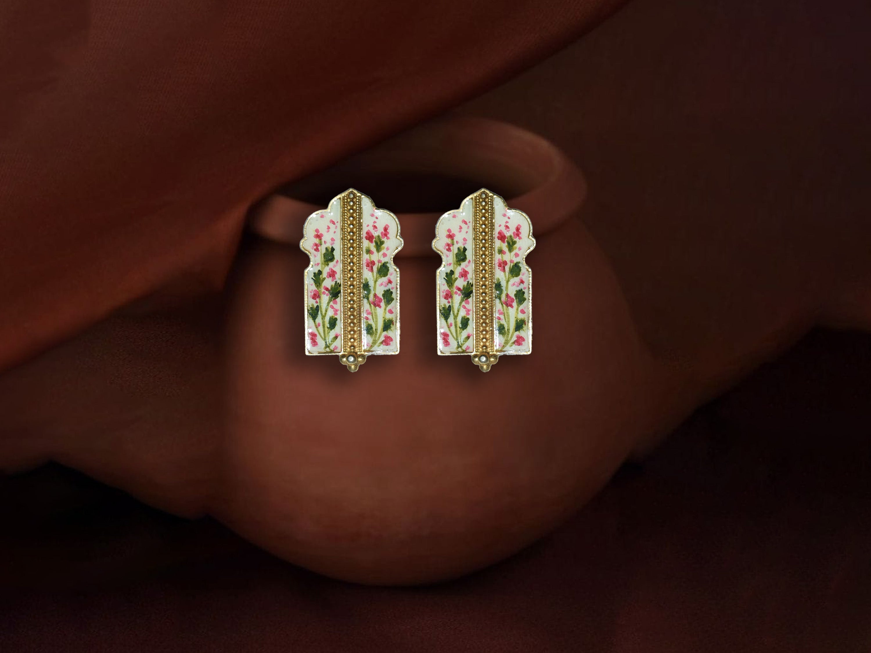 Handcrafted Floral Enamel Earrings – Elegant Pink & Green Design