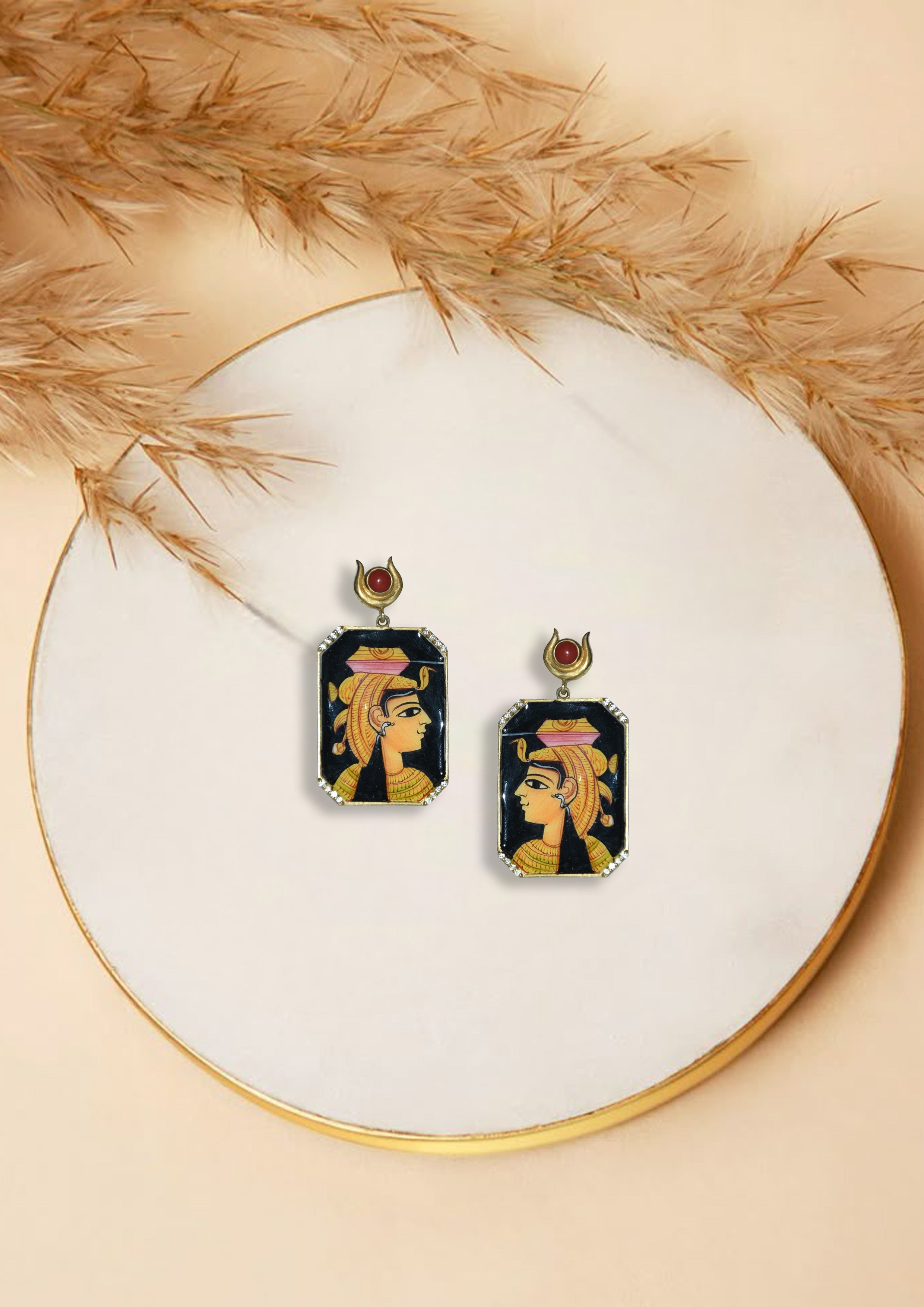 Hand-Painted Sterling Silver Earrings – Egyptian Queen Enamel Design