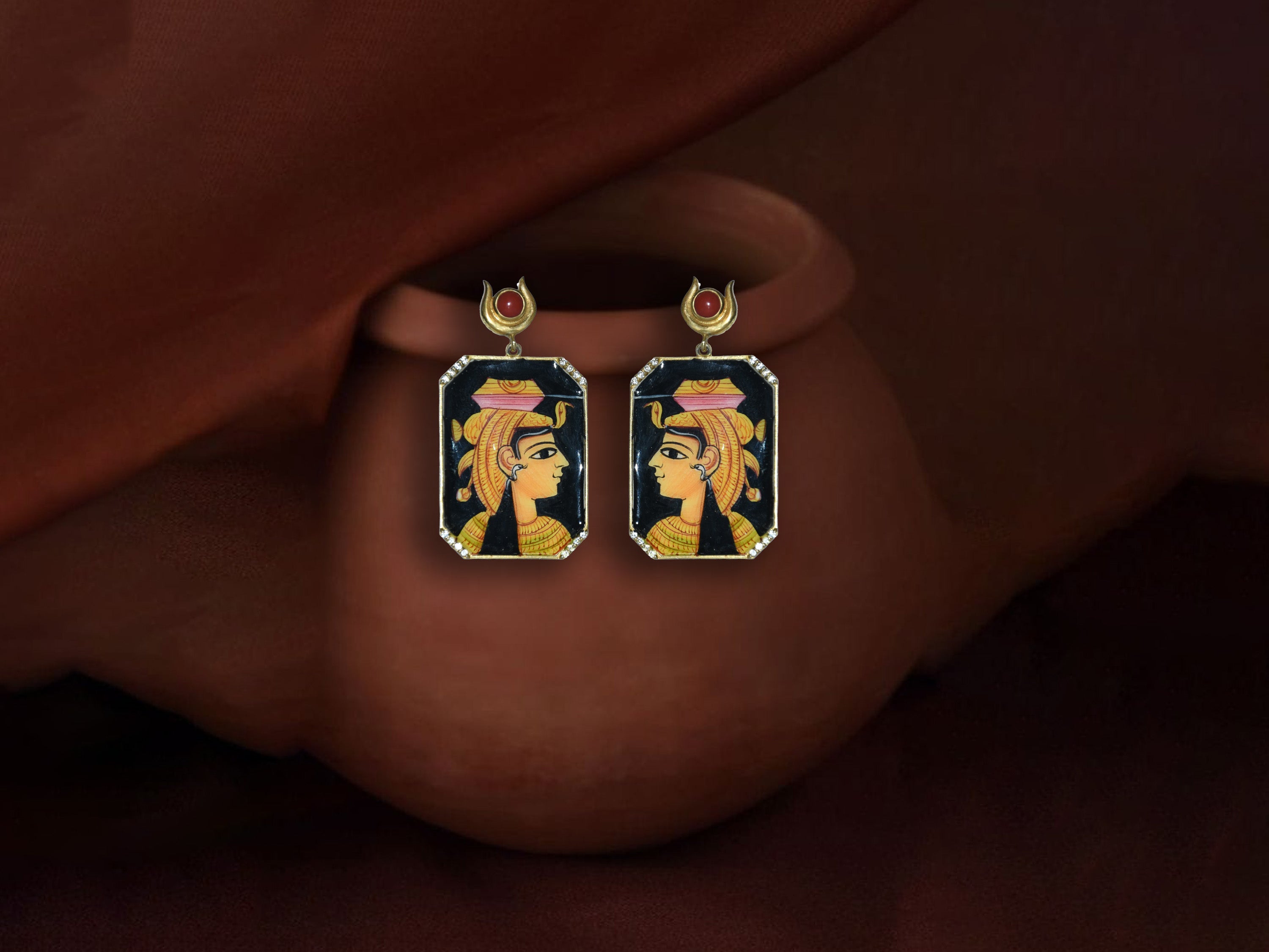 Hand-Painted Sterling Silver Earrings – Egyptian Queen Enamel Design