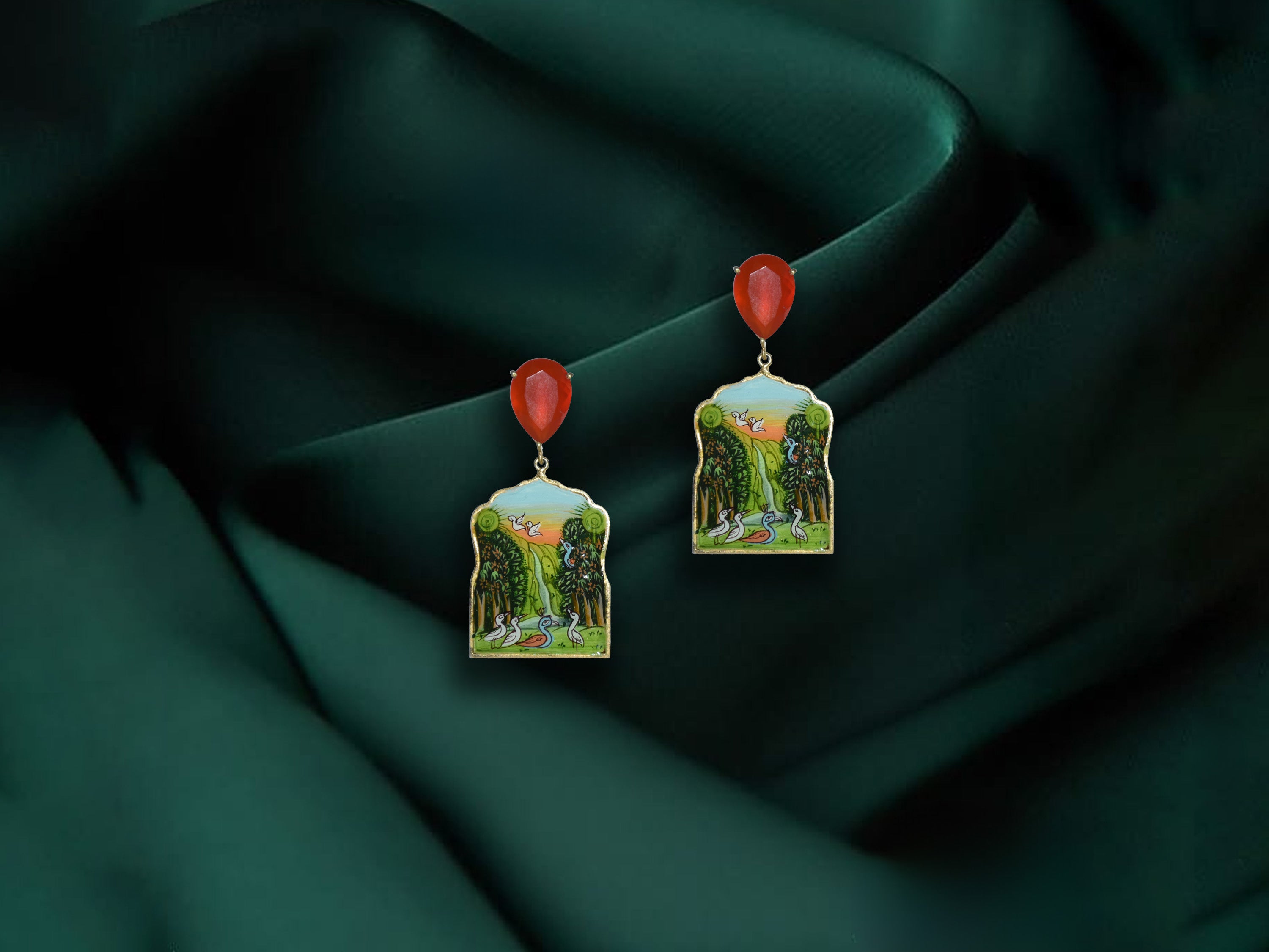 Handcrafted Enamel Sterling Silver Earrings – Nature Birds & Trees Design