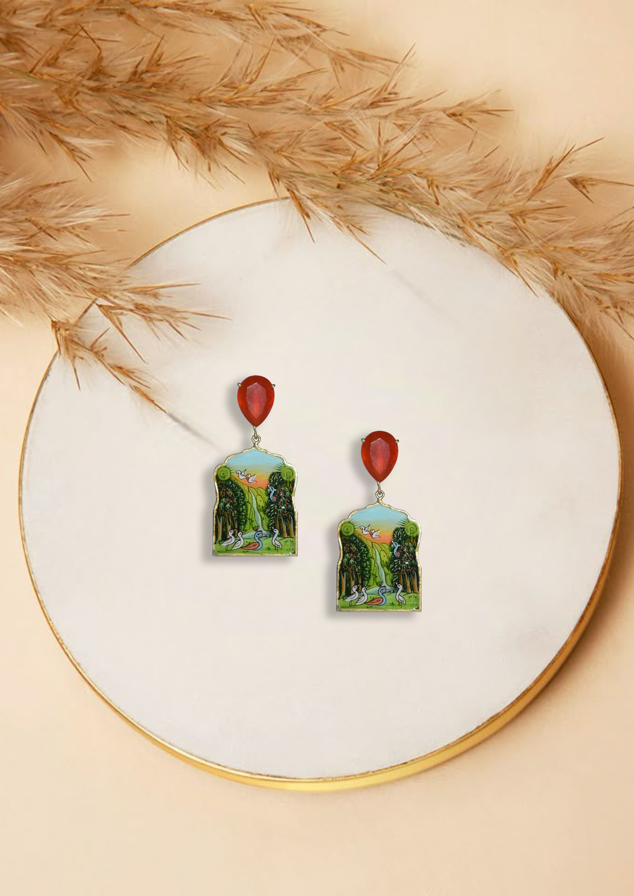 Handcrafted Enamel Sterling Silver Earrings – Nature Birds & Trees Design