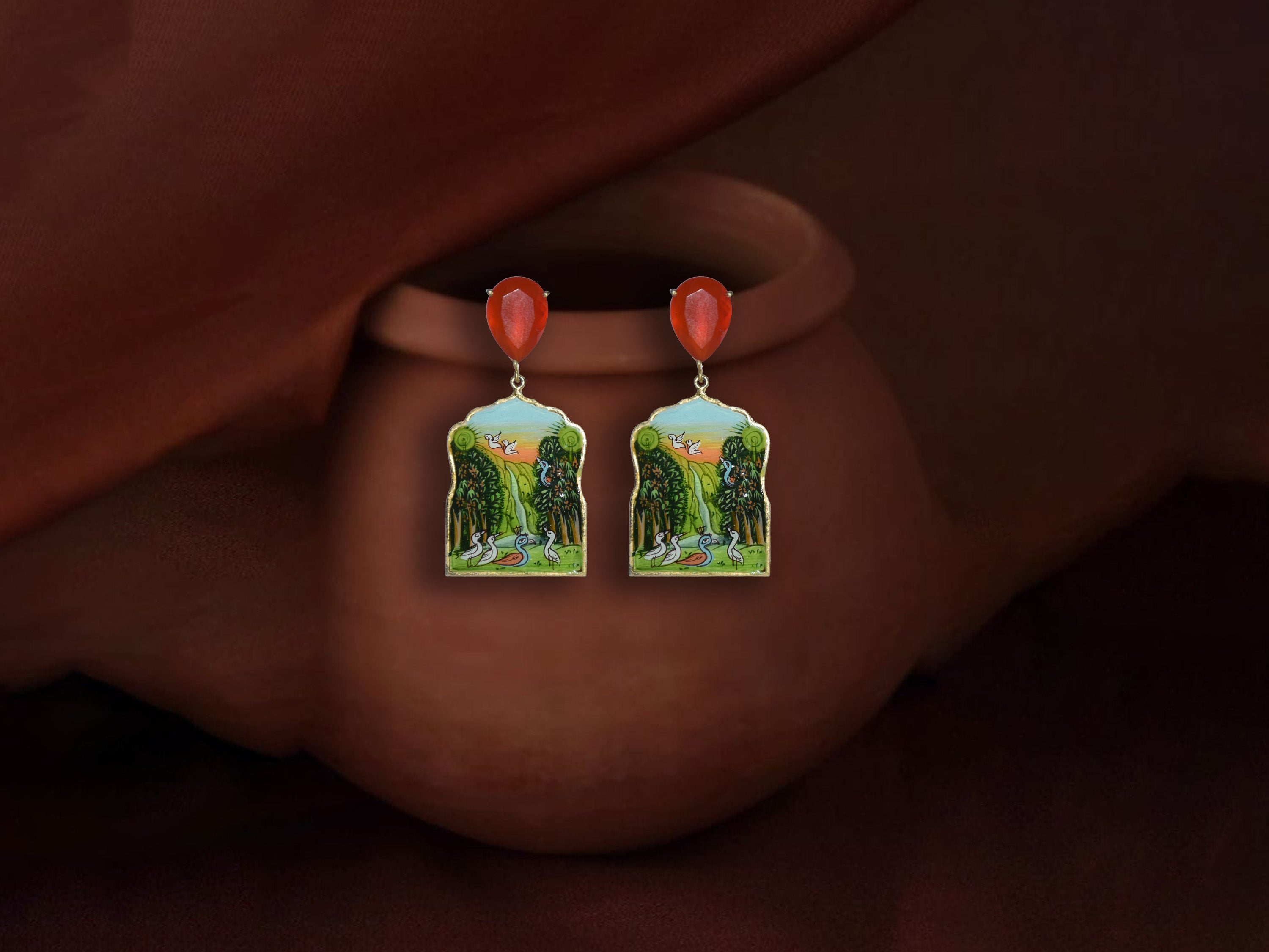 Handcrafted Enamel Sterling Silver Earrings – Nature Birds & Trees Design