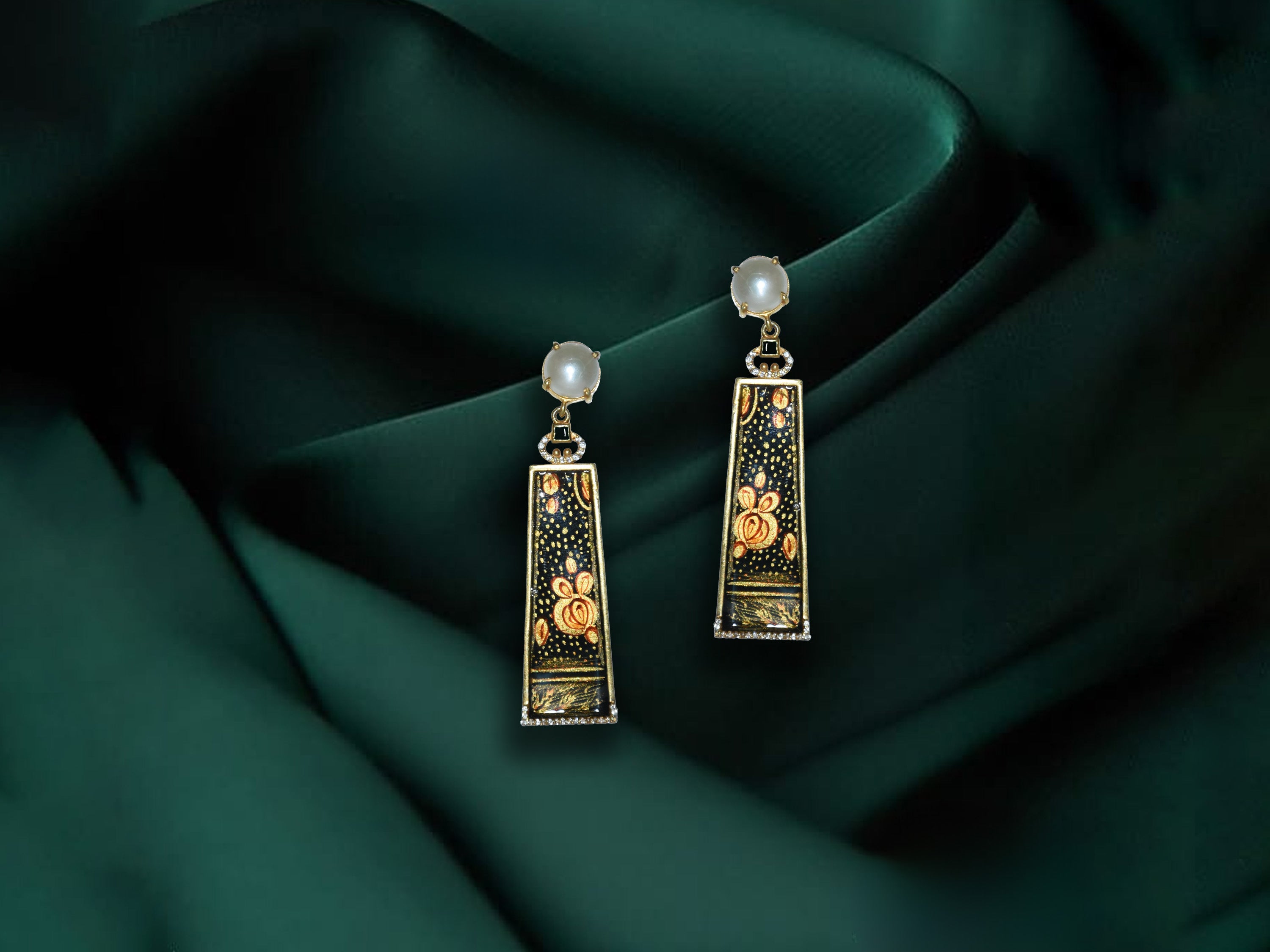Floral Enamel Drop Earrings with Pearl Stud – Elegant Long Design