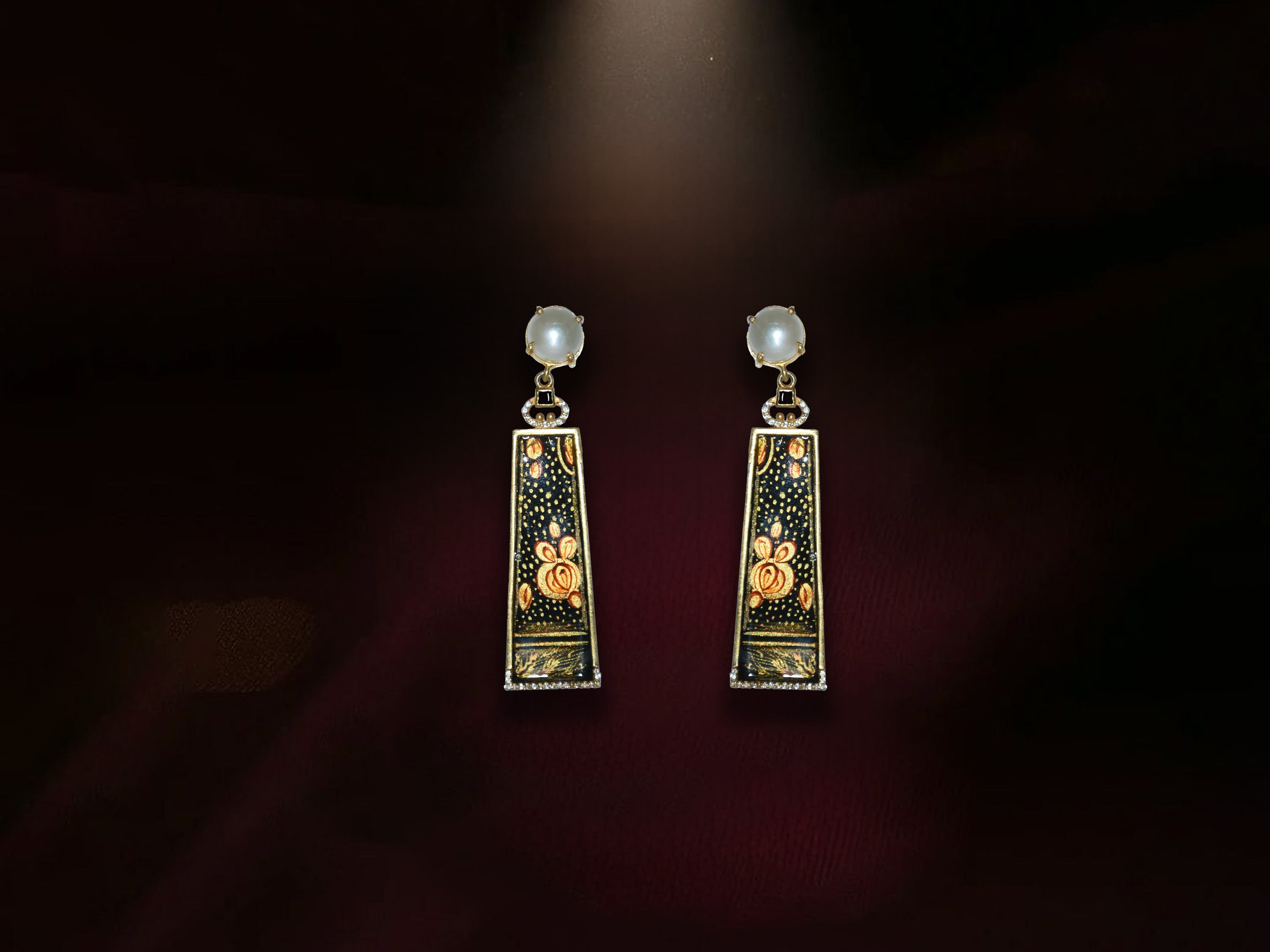 Floral Enamel Drop Earrings with Pearl Stud – Elegant Long Design