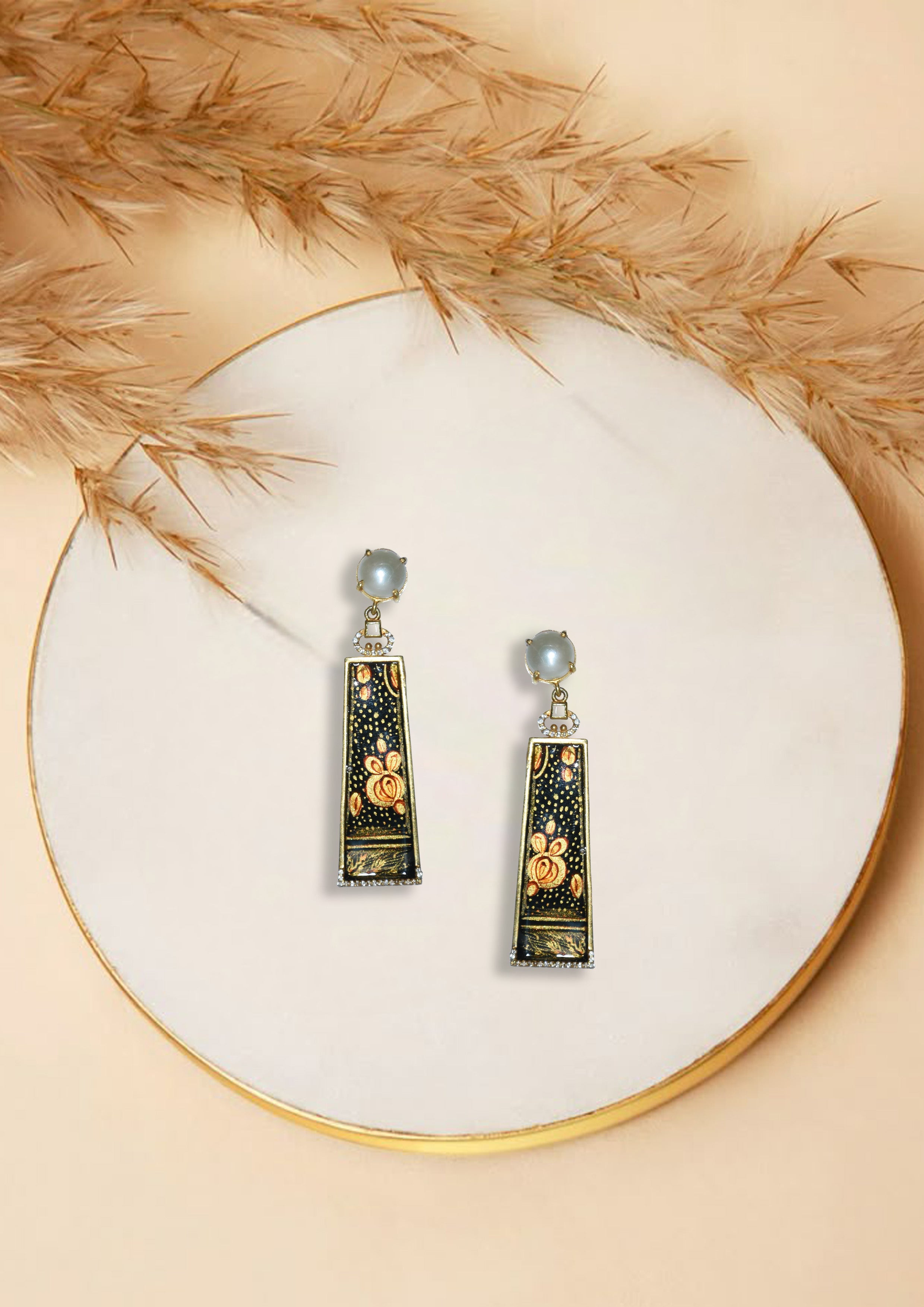 Floral Enamel Drop Earrings with Pearl Stud – Elegant Long Design