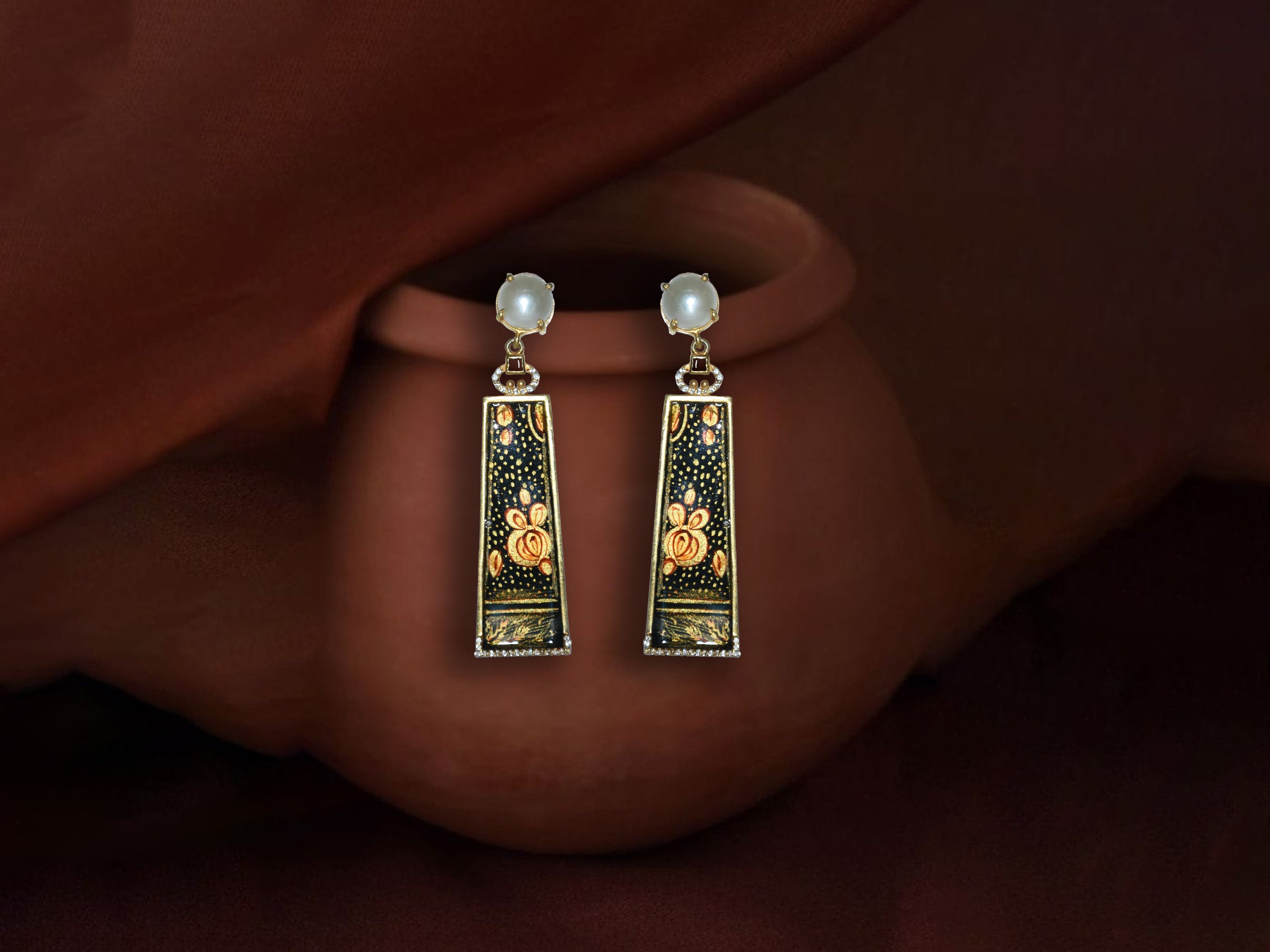 Floral Enamel Drop Earrings with Pearl Stud – Elegant Long Design