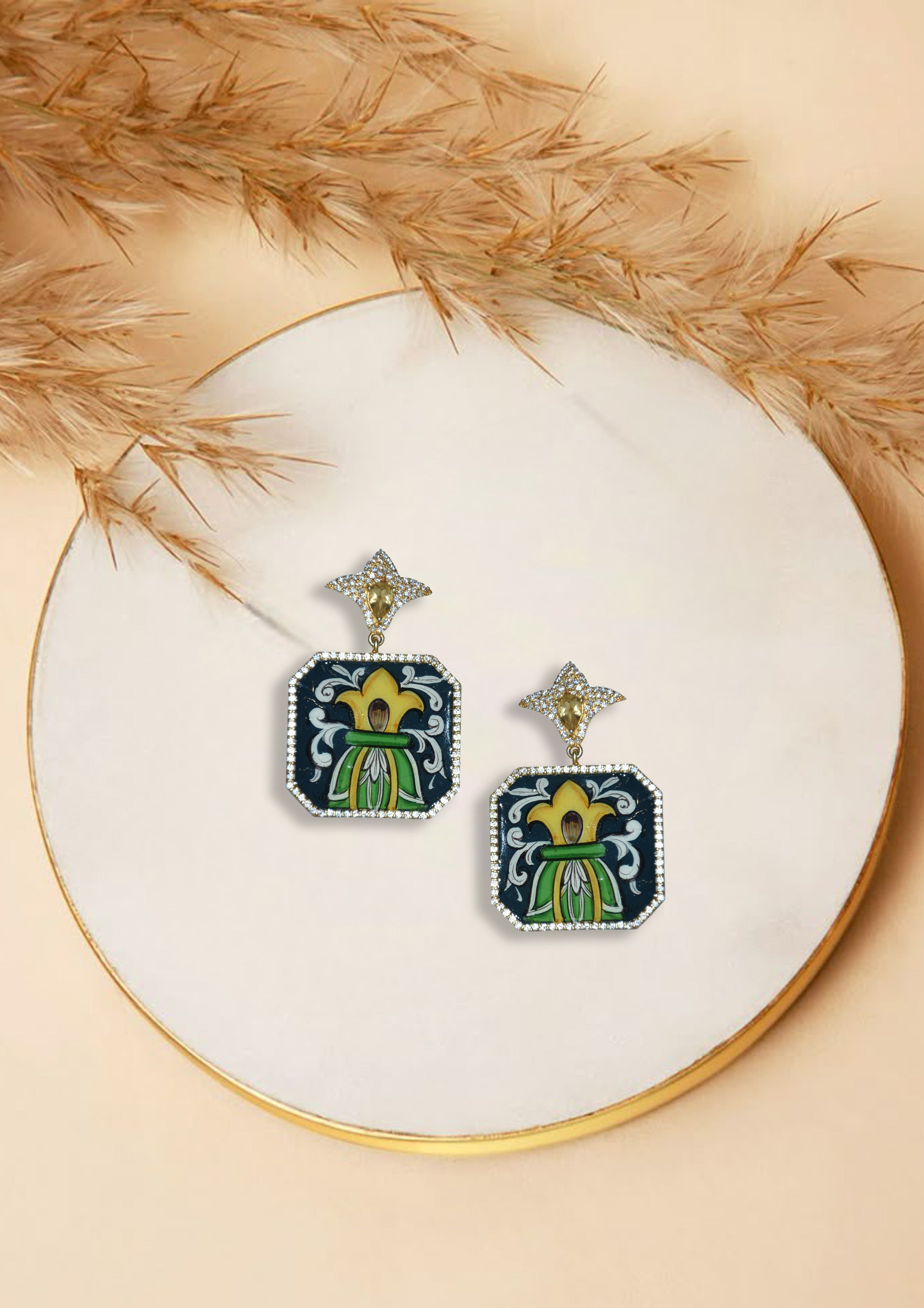 Hand-Painted Geometric Drop Earrings | Enamel Statement Jewellery for Women