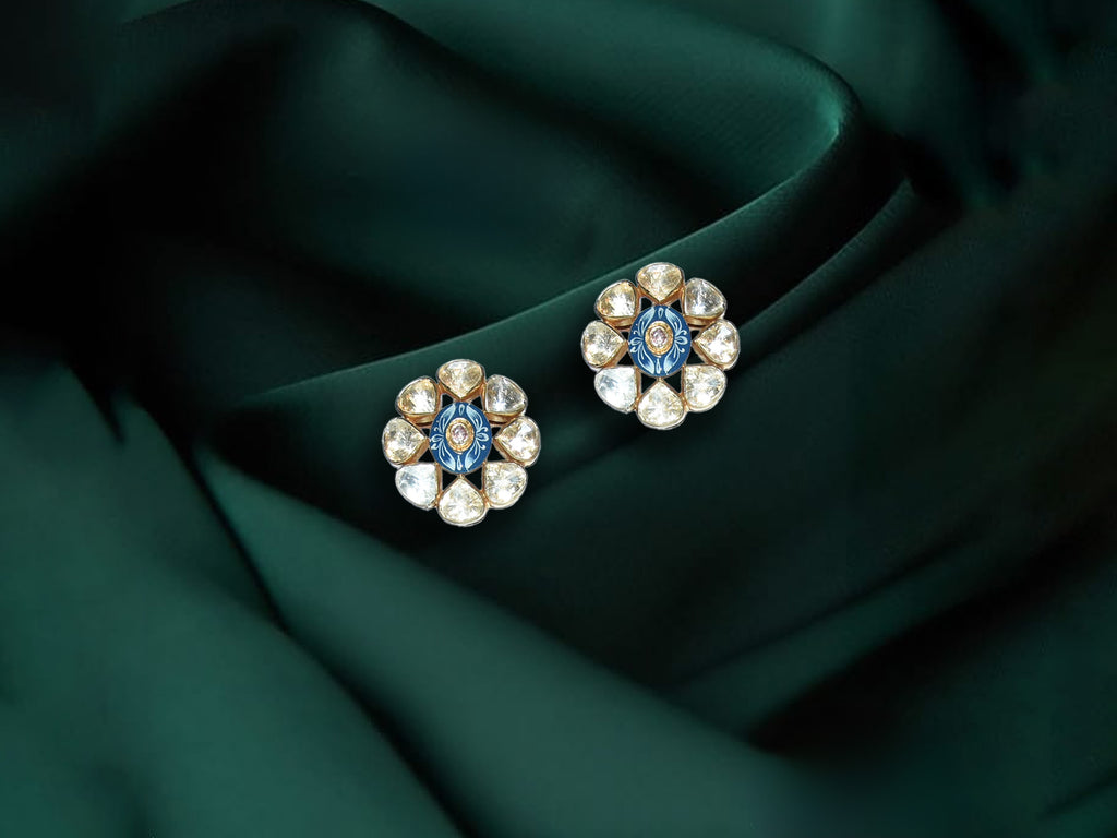 Royal Blue Polki Floral Stud Earrings