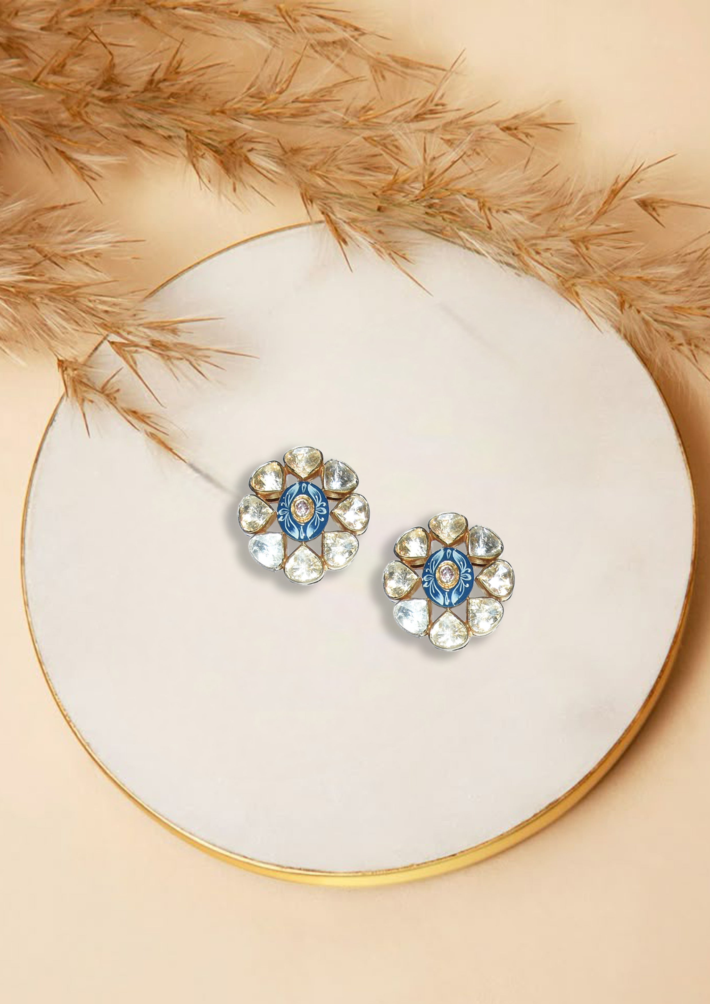 Royal Blue Polki Floral Stud Earrings