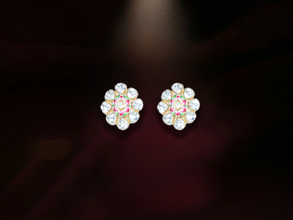 Pink & Green Polki Floral Stud Earrings