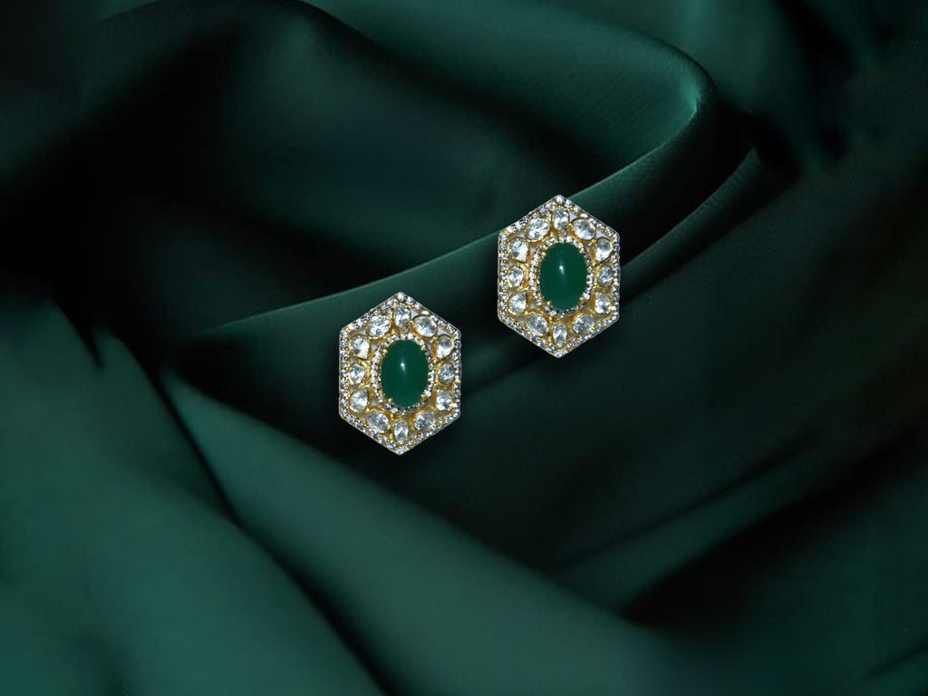 Green Stone Hexagon Stud Earrings