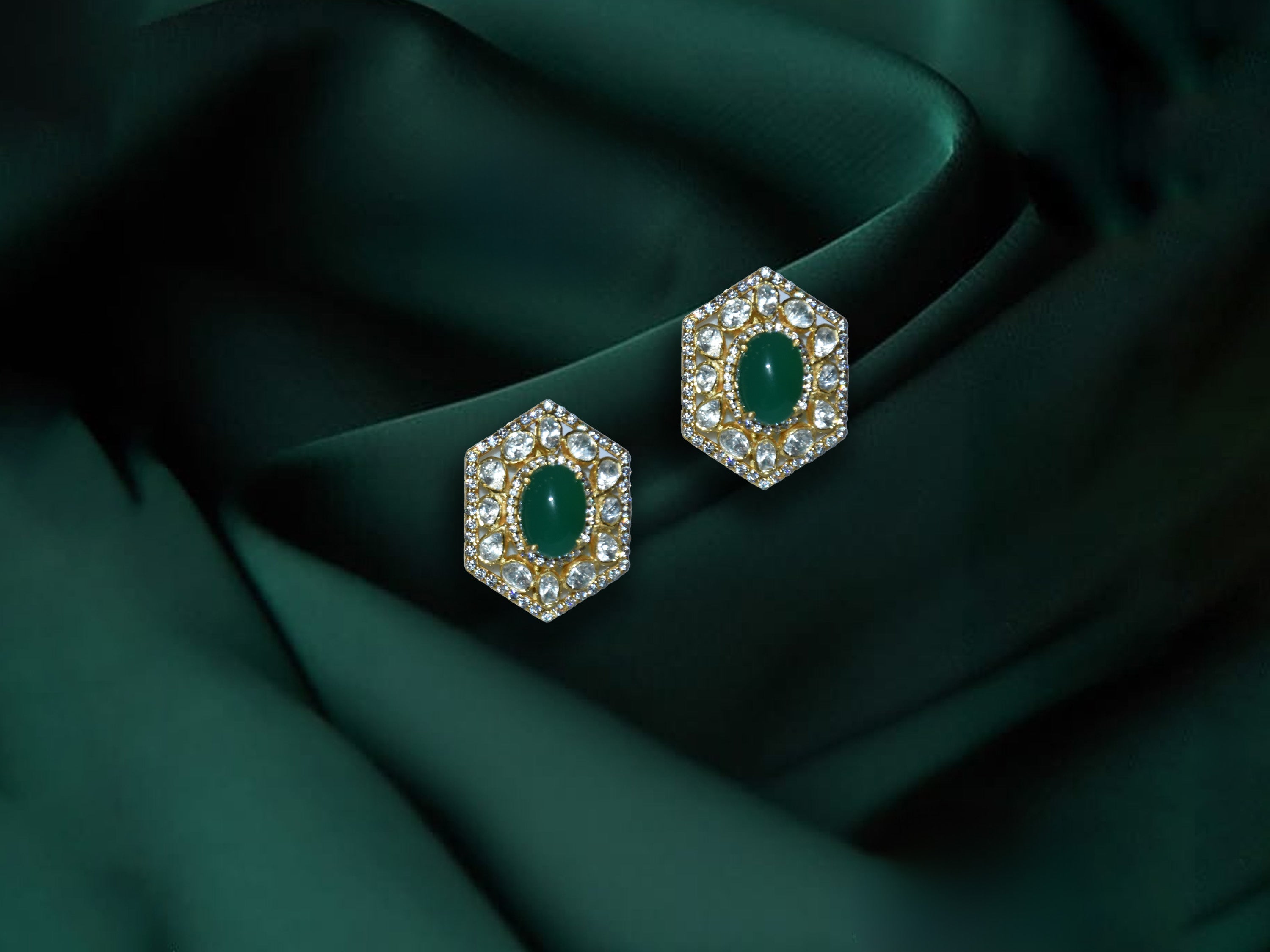 Green Stone Hexagon Stud Earrings