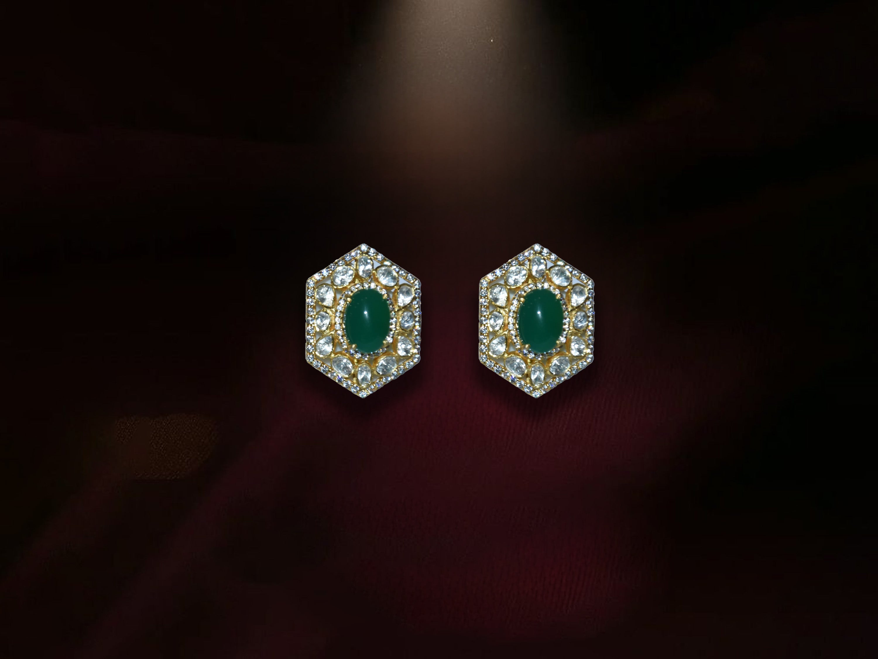 Green Stone Hexagon Stud Earrings