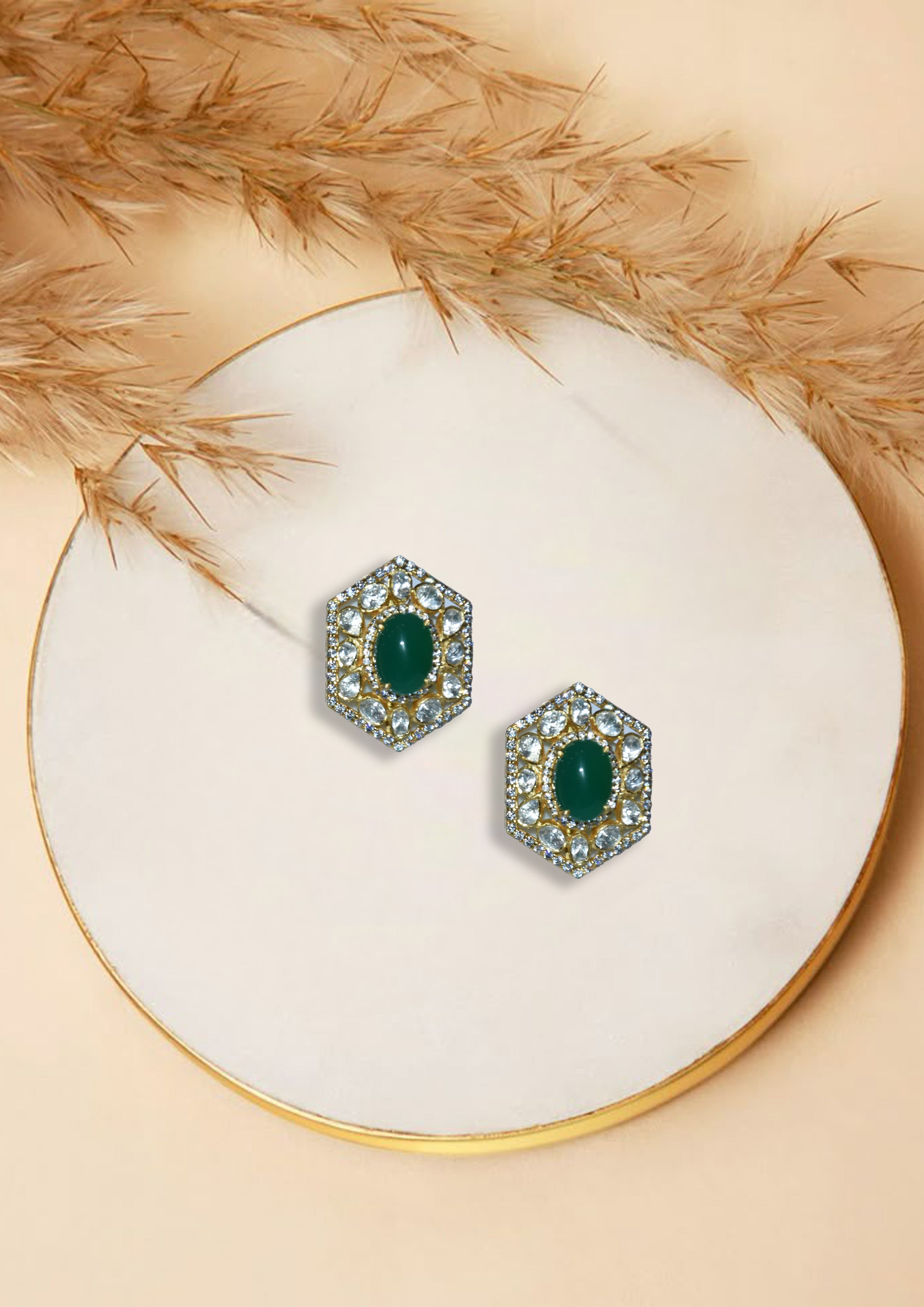 Green Stone Hexagon Stud Earrings