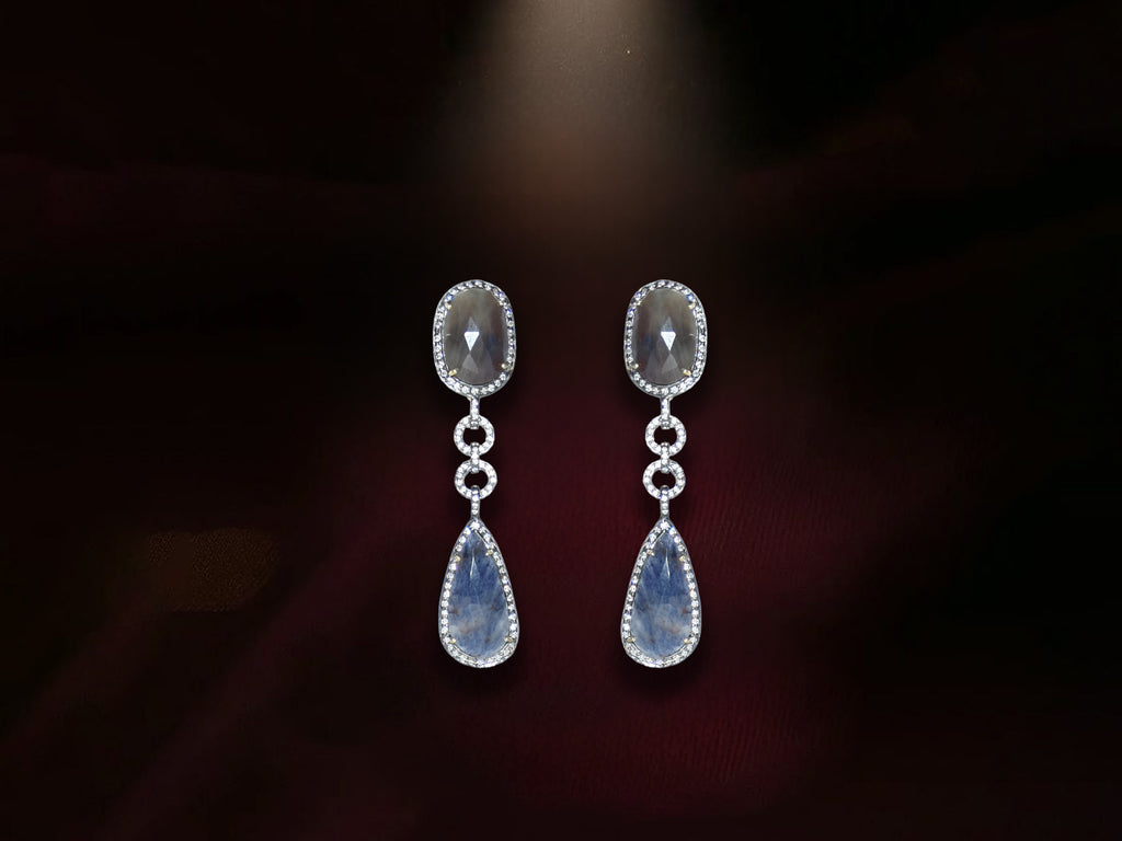 Blue Dual Stone Sapphire Drop Earrings with Crystal Border
