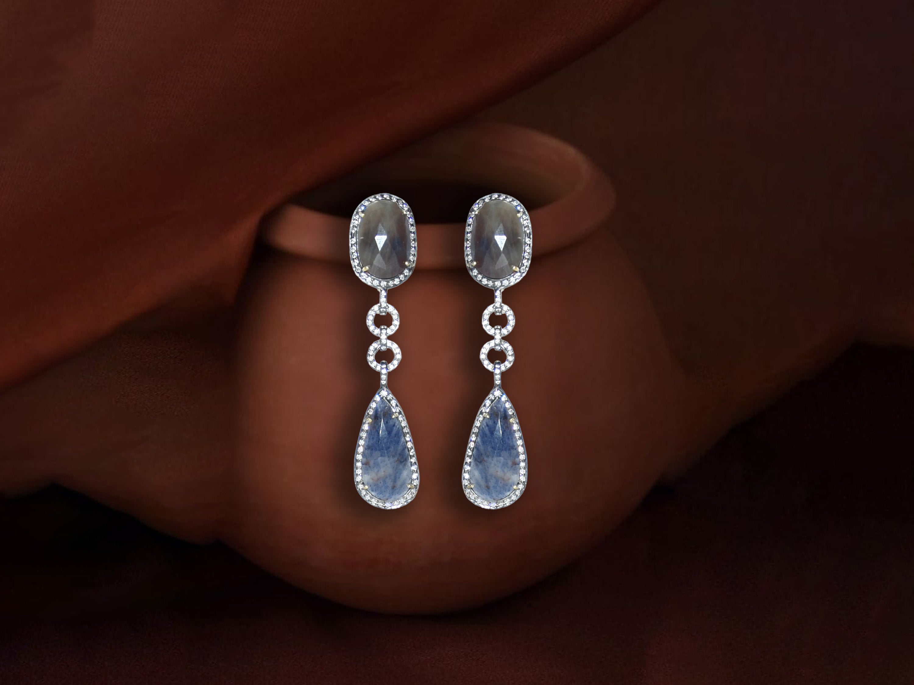 Blue Dual Stone Sapphire Drop Earrings with Crystal Border