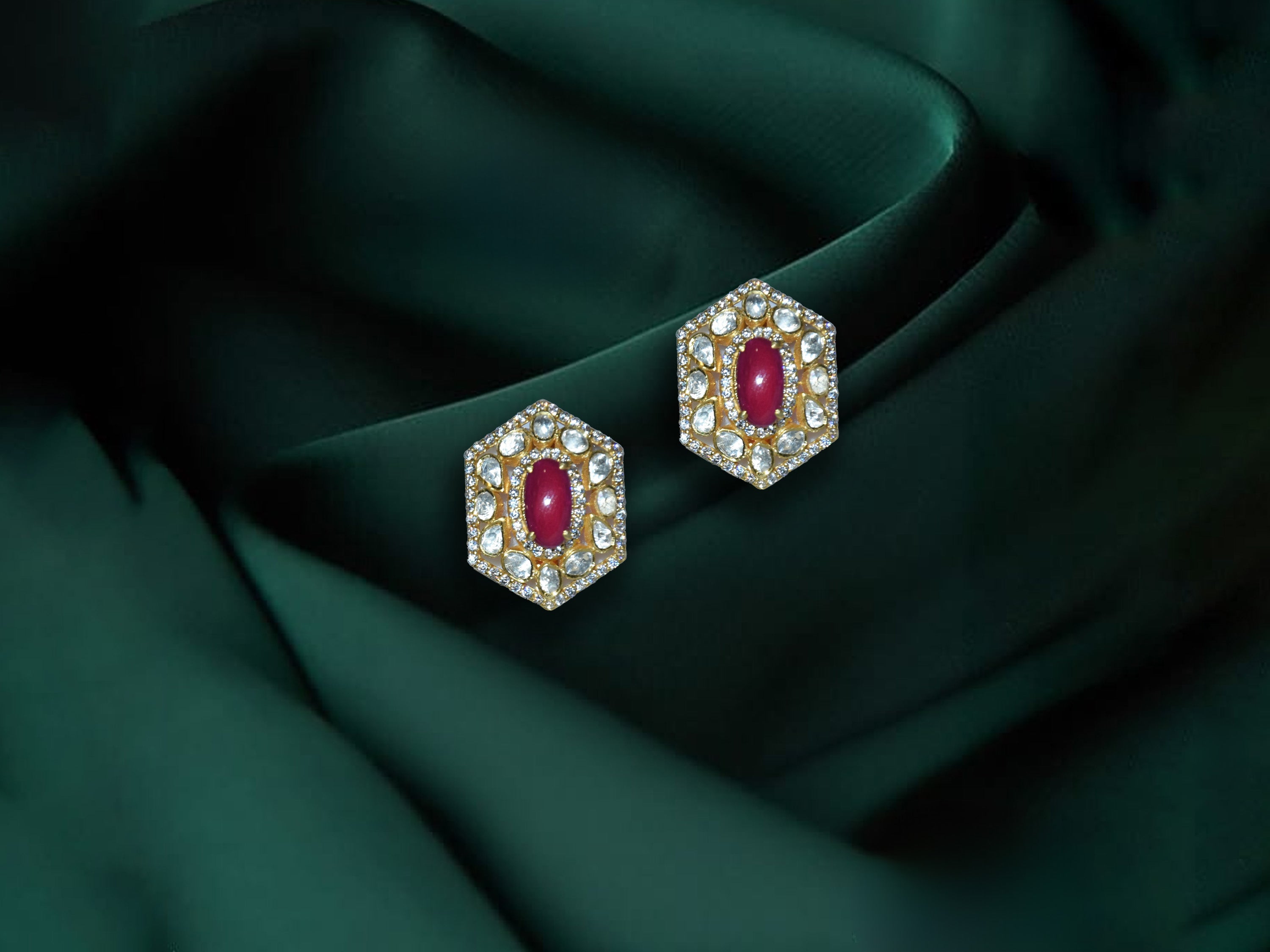 Red Stone Hexagon Stud Earrings