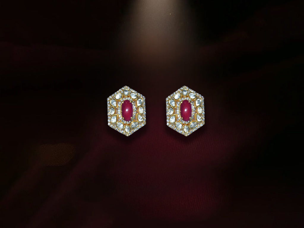 Red Stone Hexagon Stud Earrings