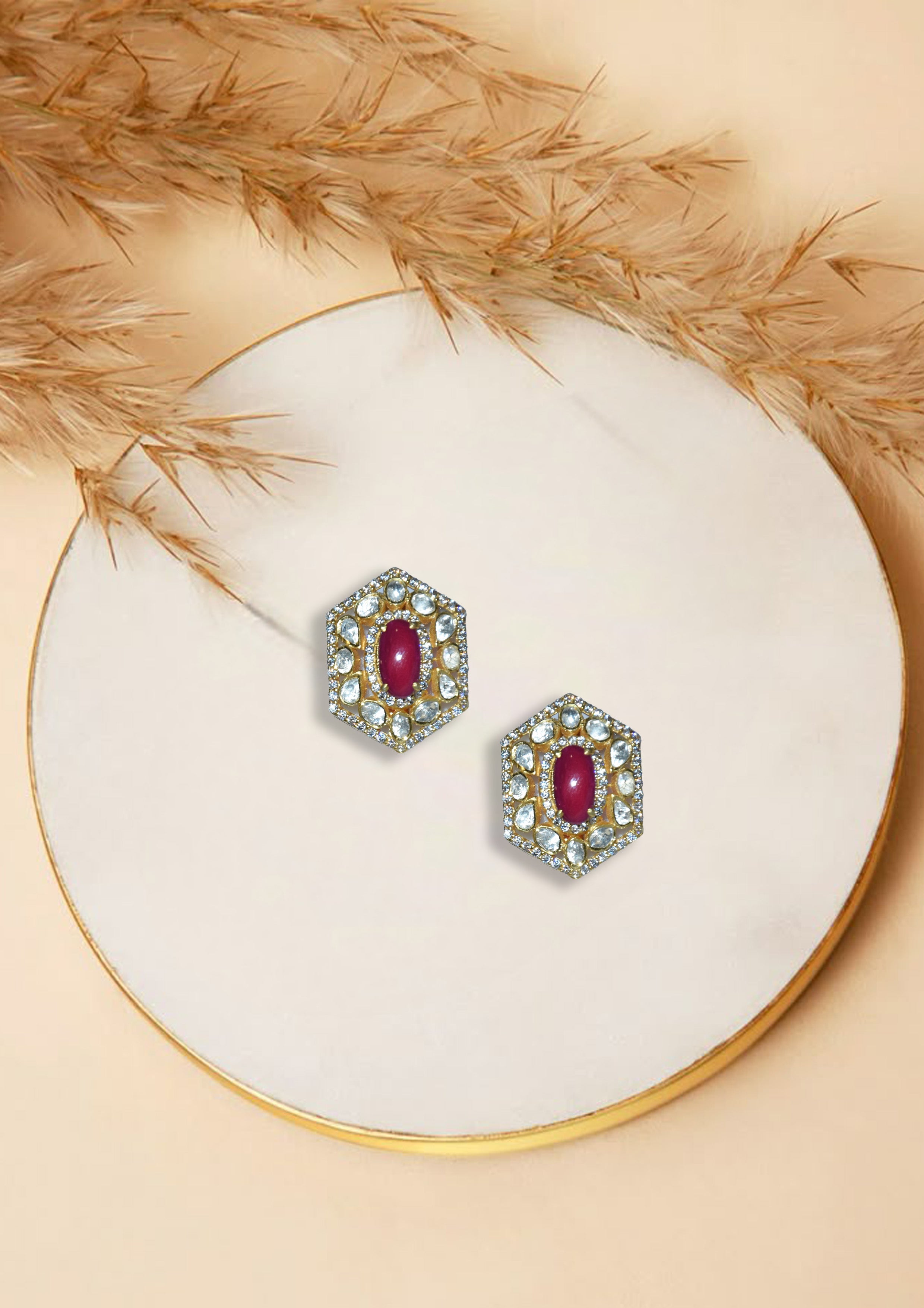 Red Stone Hexagon Stud Earrings