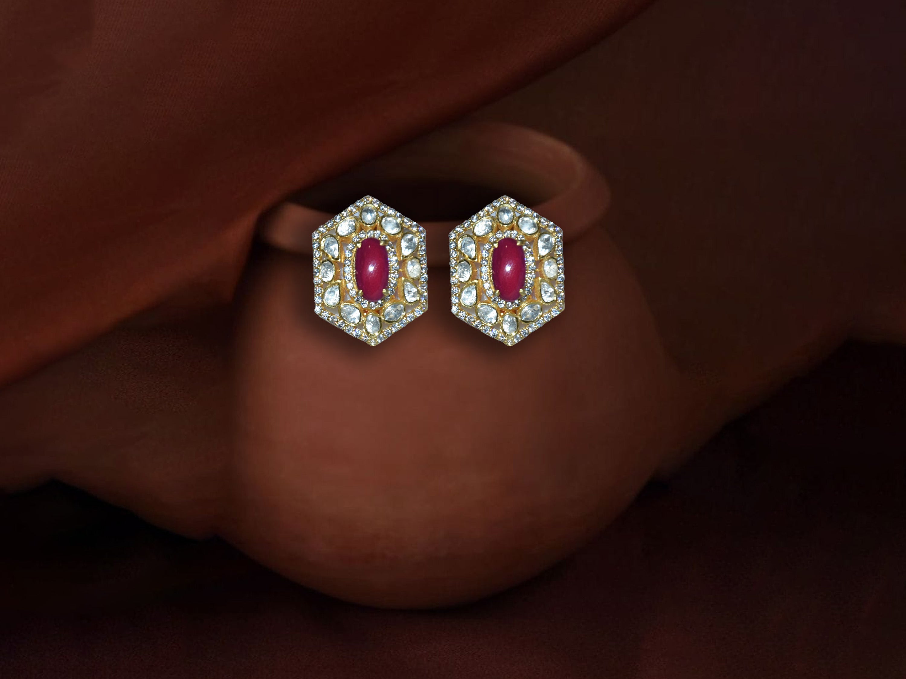 Red Stone Hexagon Stud Earrings