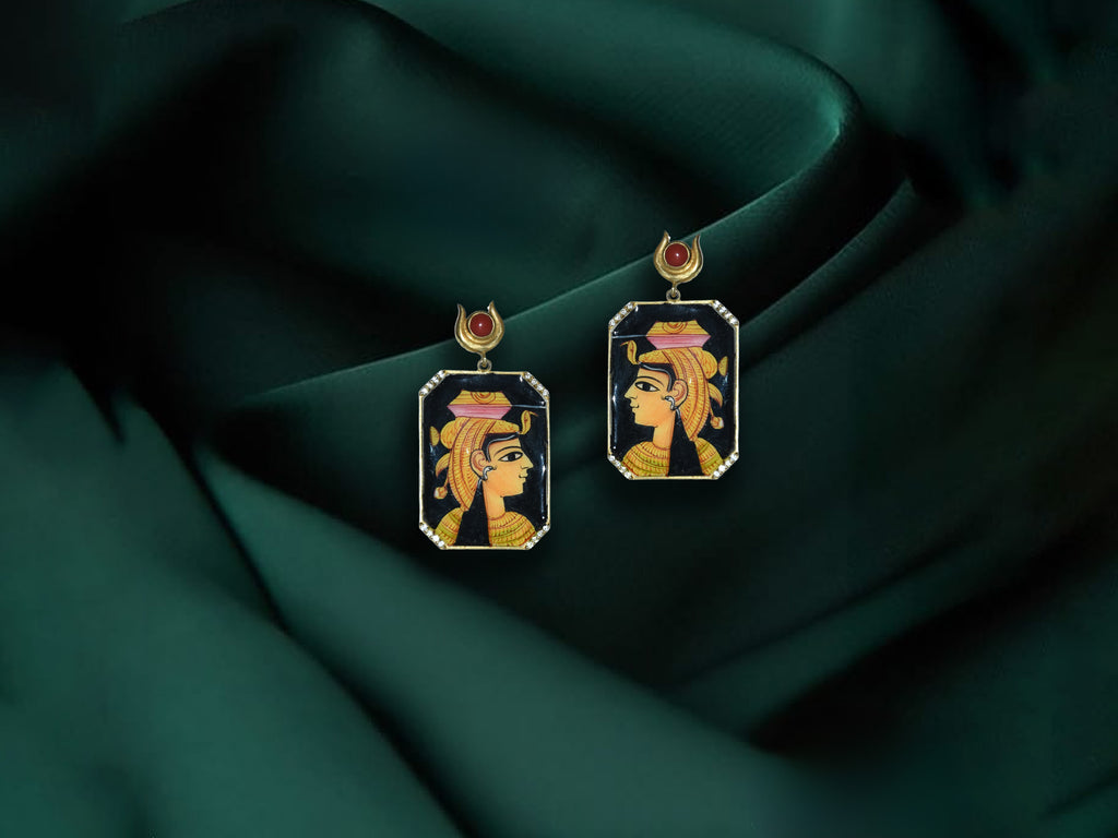 Hand-Painted Sterling Silver Earrings – Egyptian Queen Enamel Design