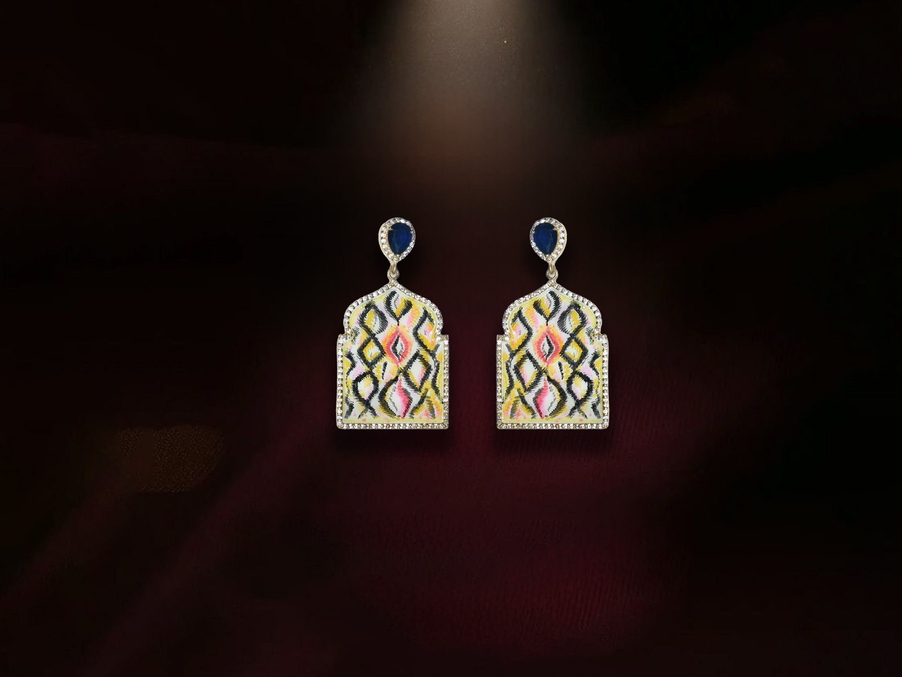 Designer Enamel Stone Earrings – Artistic Pattern Drop Design
