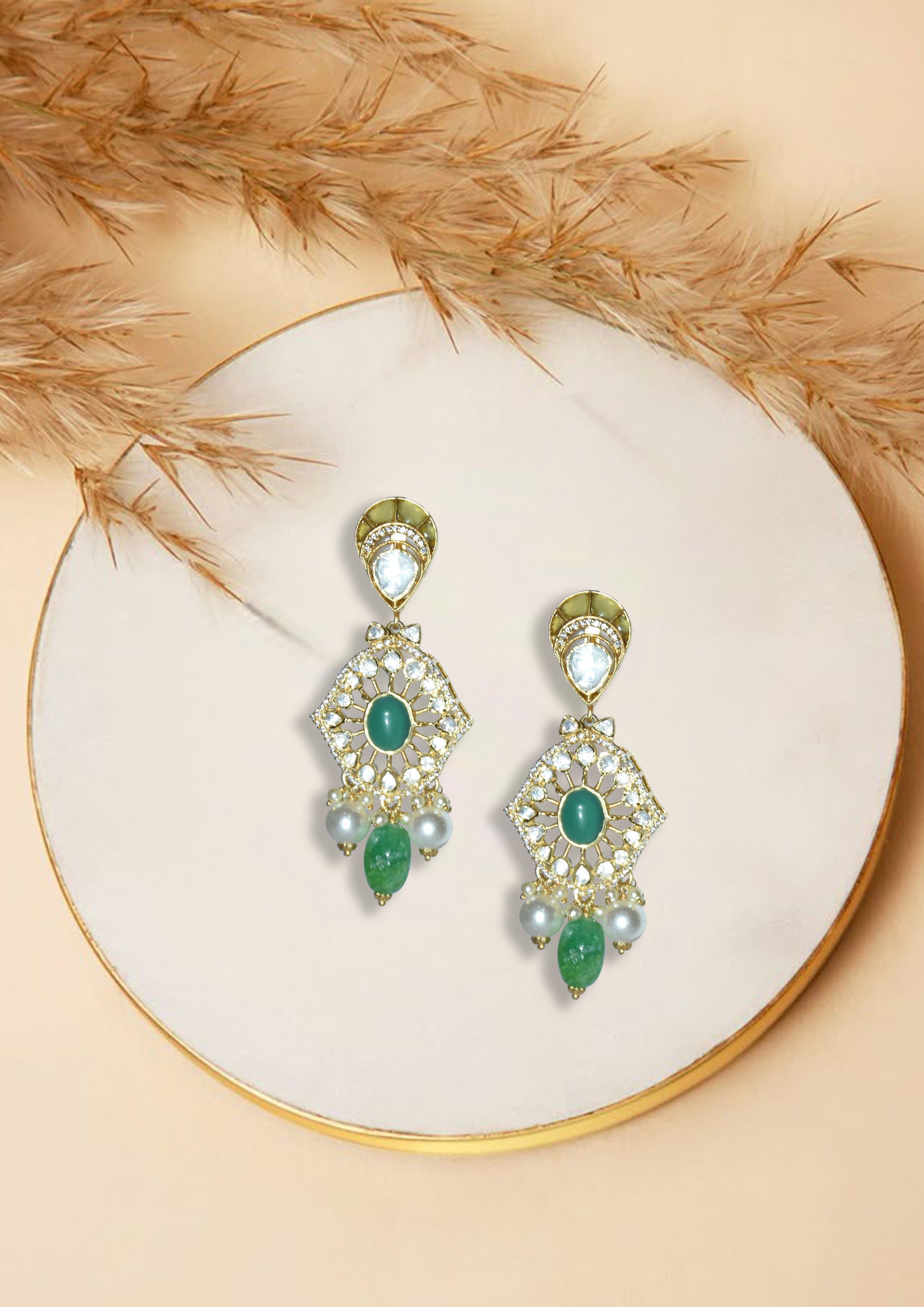 Pearl & Green Stone Designer Earrings