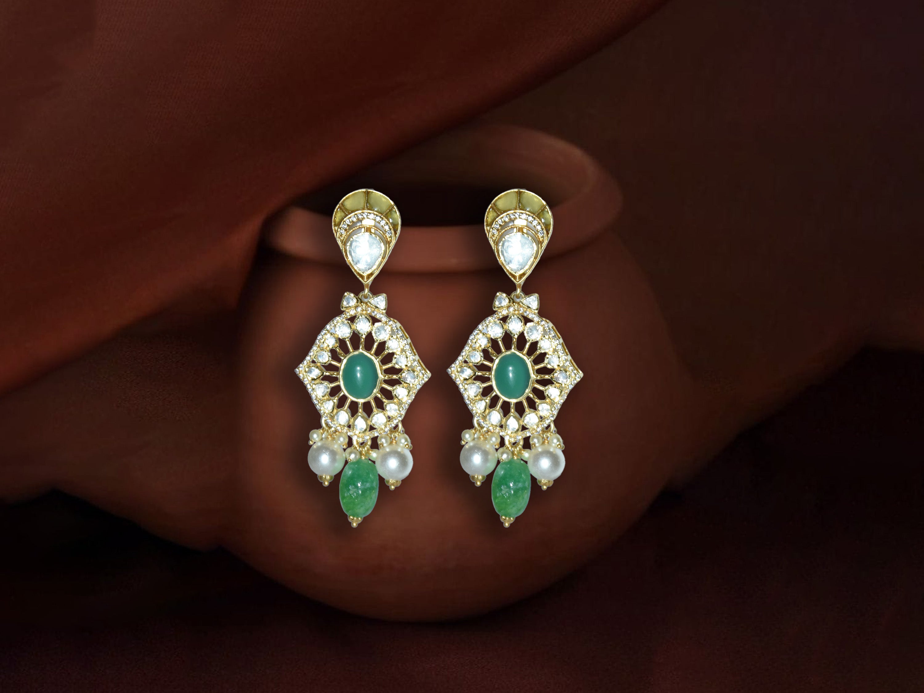 Pearl & Green Stone Designer Earrings