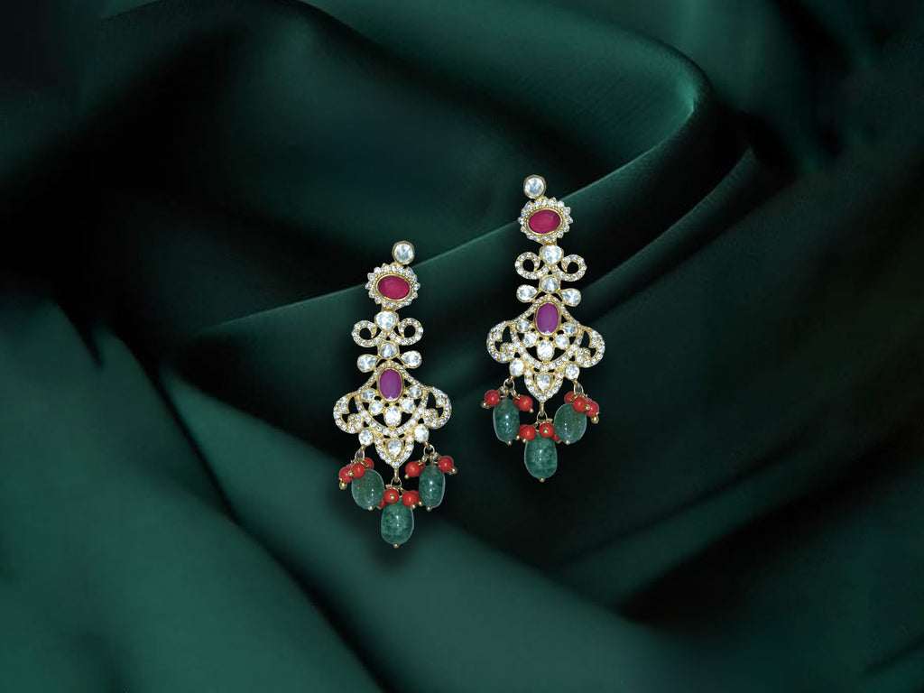 Red & Green Polki Drop Earrings