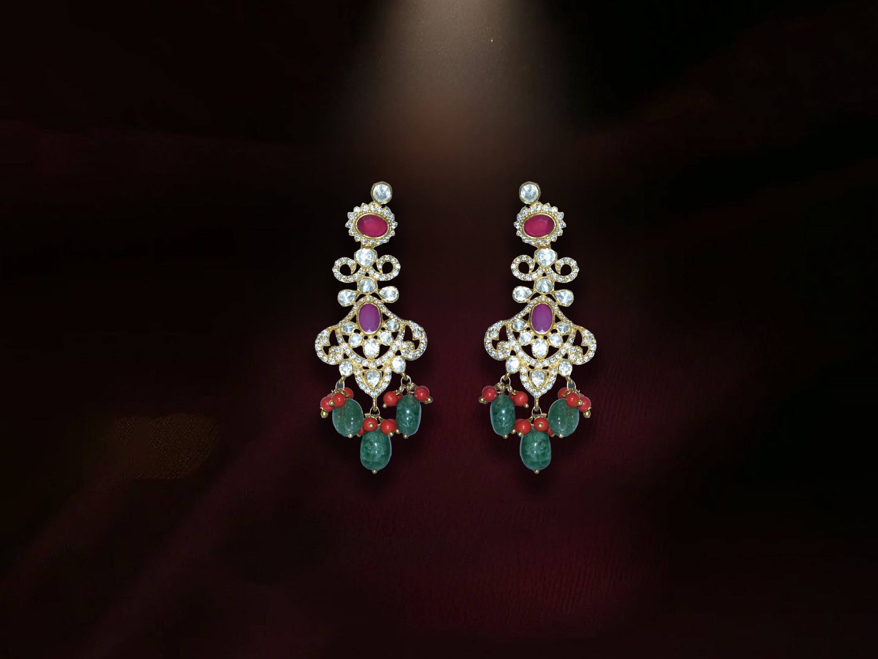 Red & Green Polki Drop Earrings