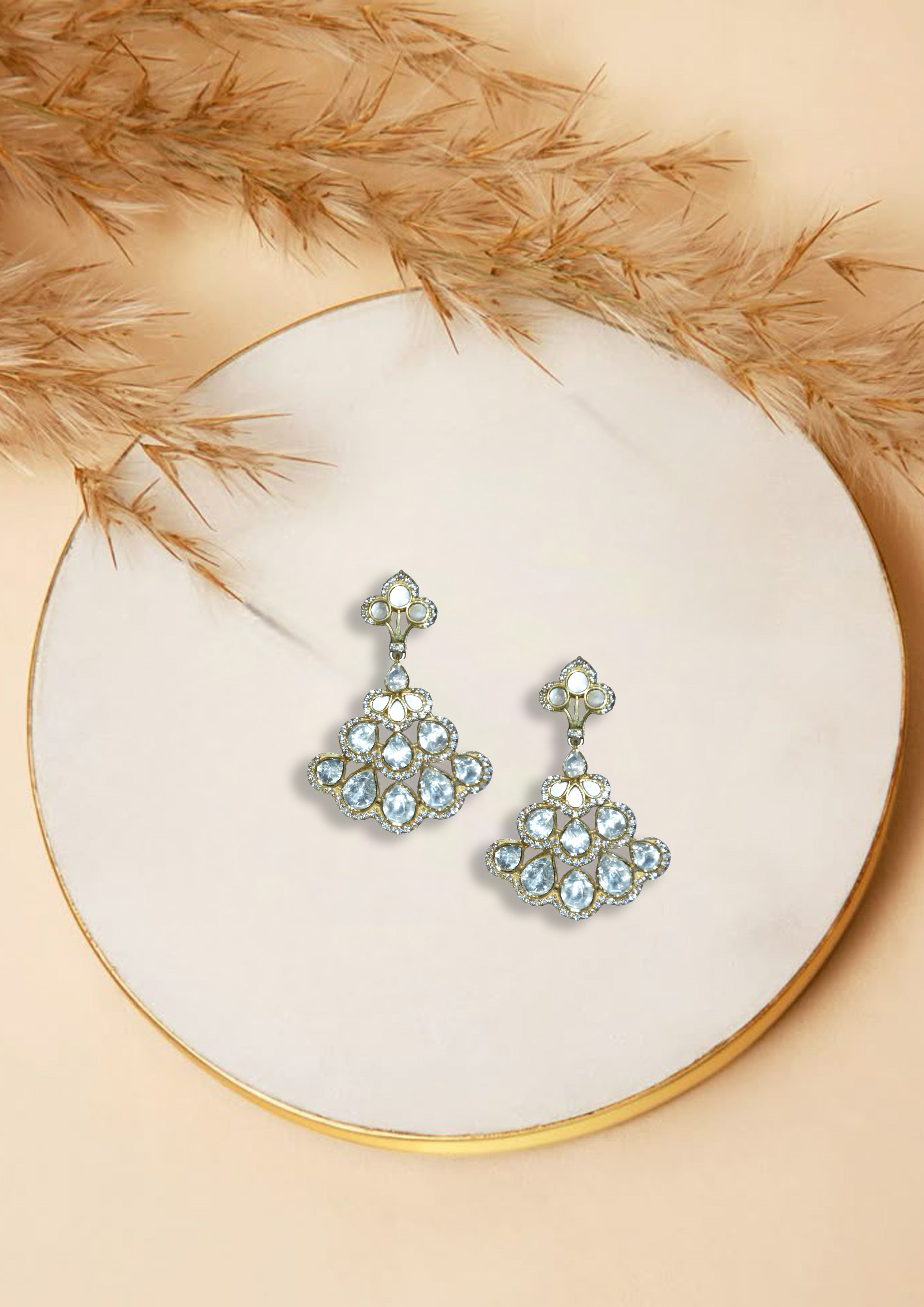 White Polki Layered Drop Earrings