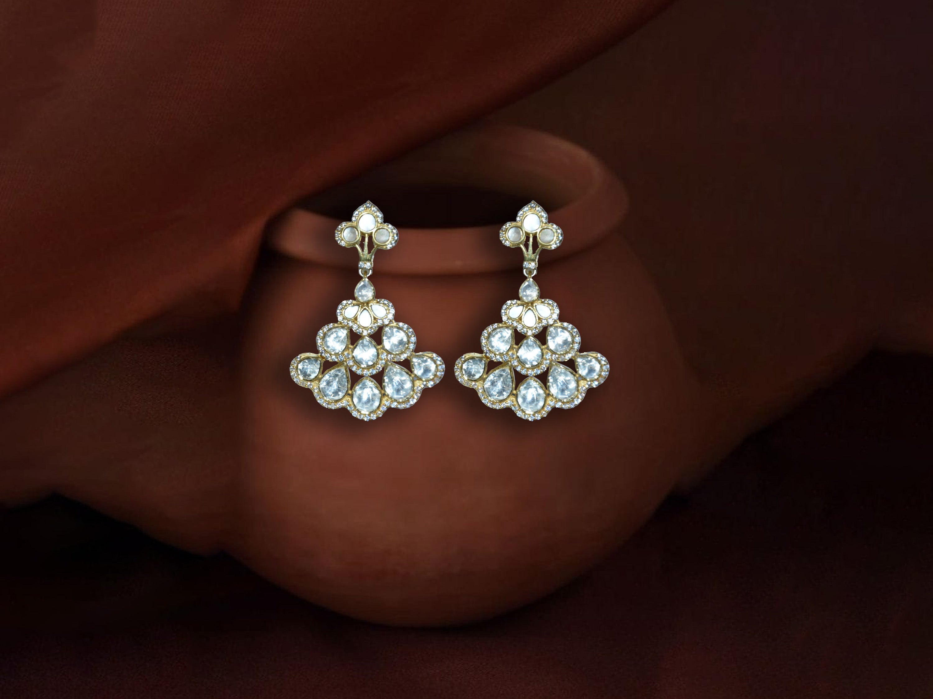 White Polki Layered Drop Earrings